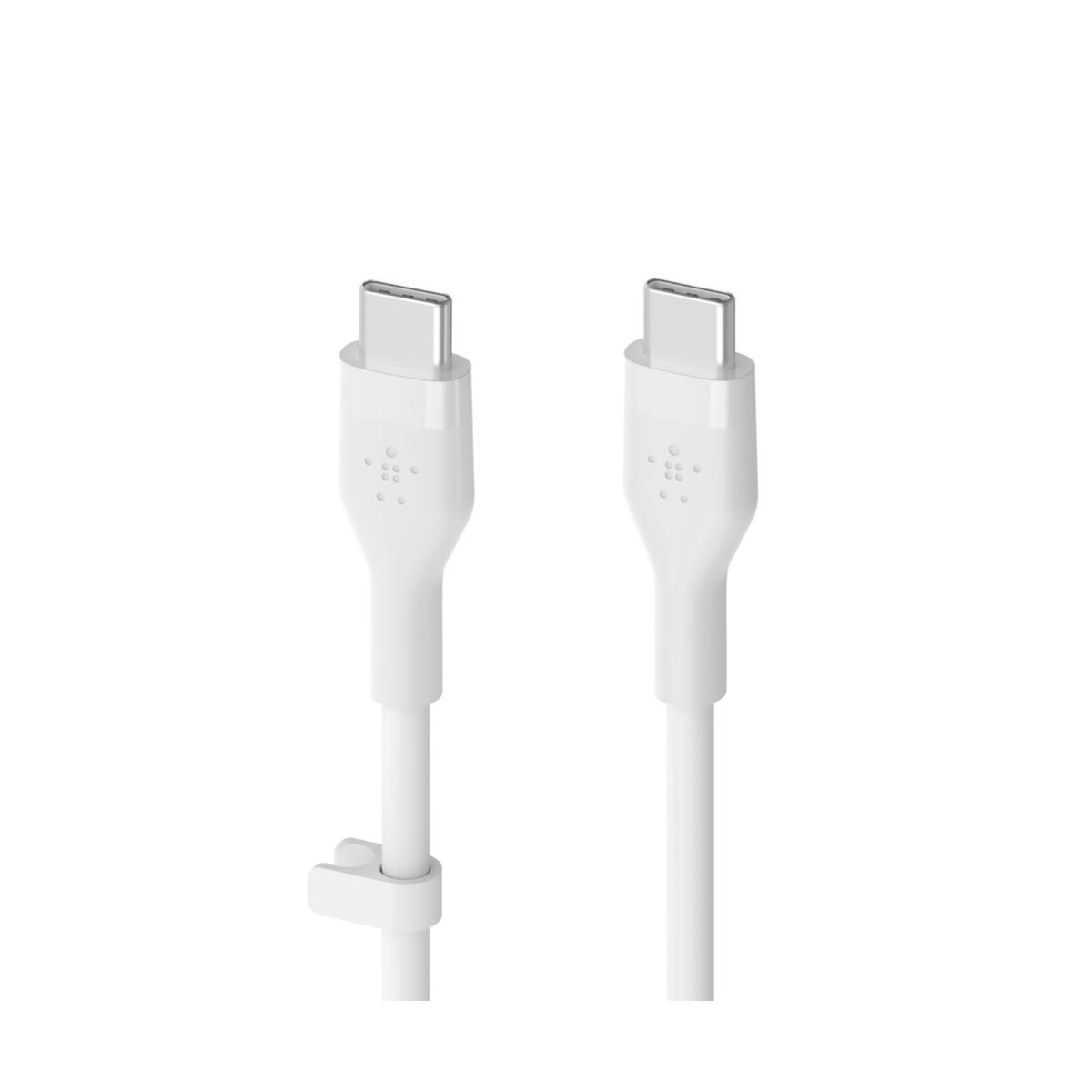 Zwei weiße USB-C-Kabel nebeneinander mit Anschlüssen oben und einem Clip unten, weißer Hintergrund.