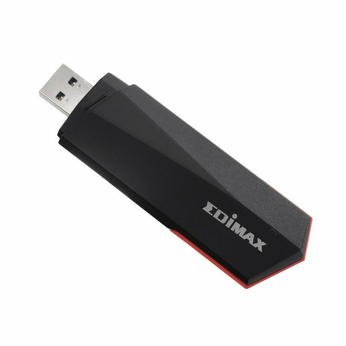Un adaptador USB Wi-Fi Edimax negro con detalles rojos y logo, sobre fondo blanco.
