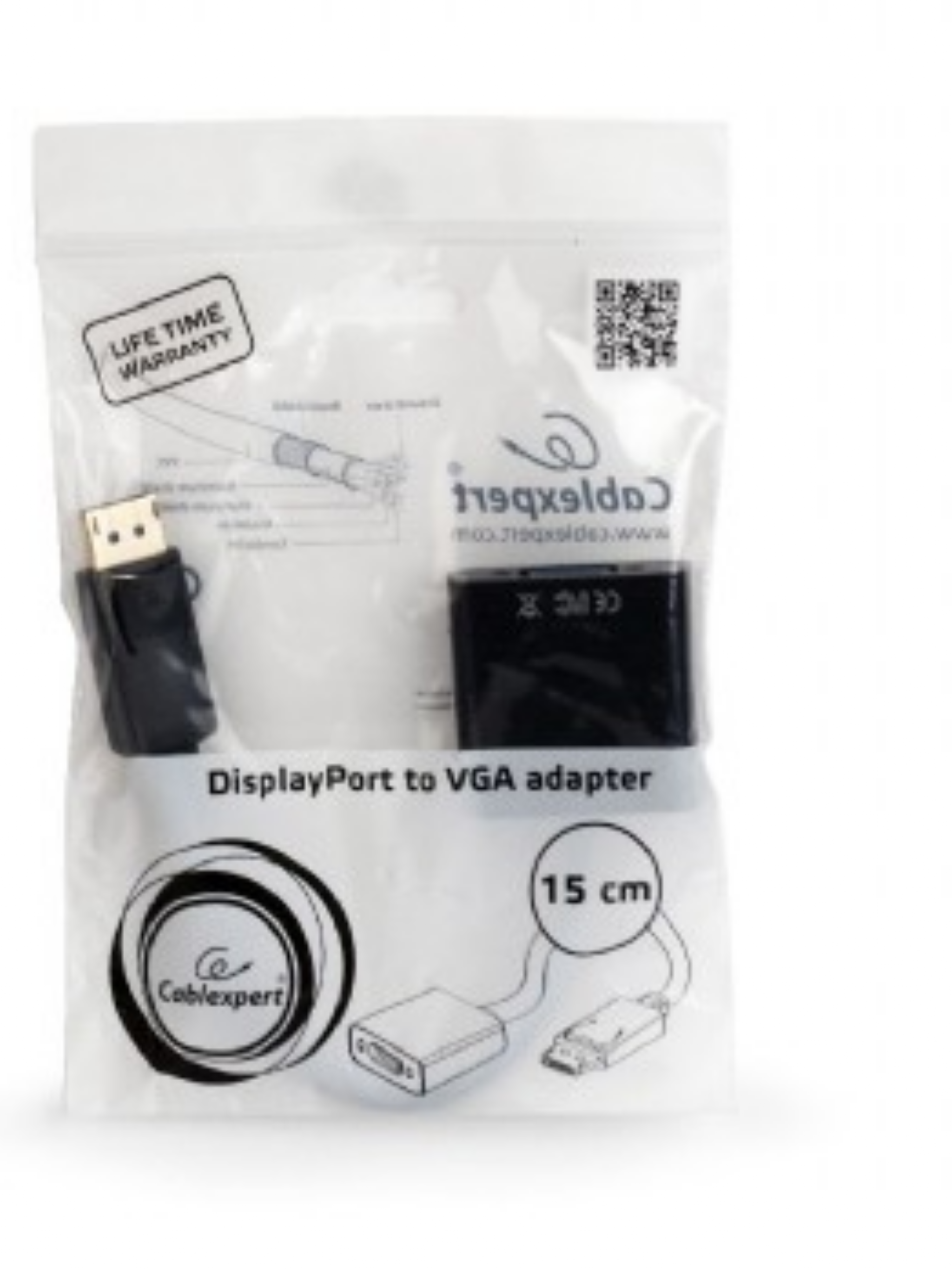 DisplayPort naar VGA-adapter in een plastic zak. Zwarte adapter, witte achtergrond, tekst en illustratie.