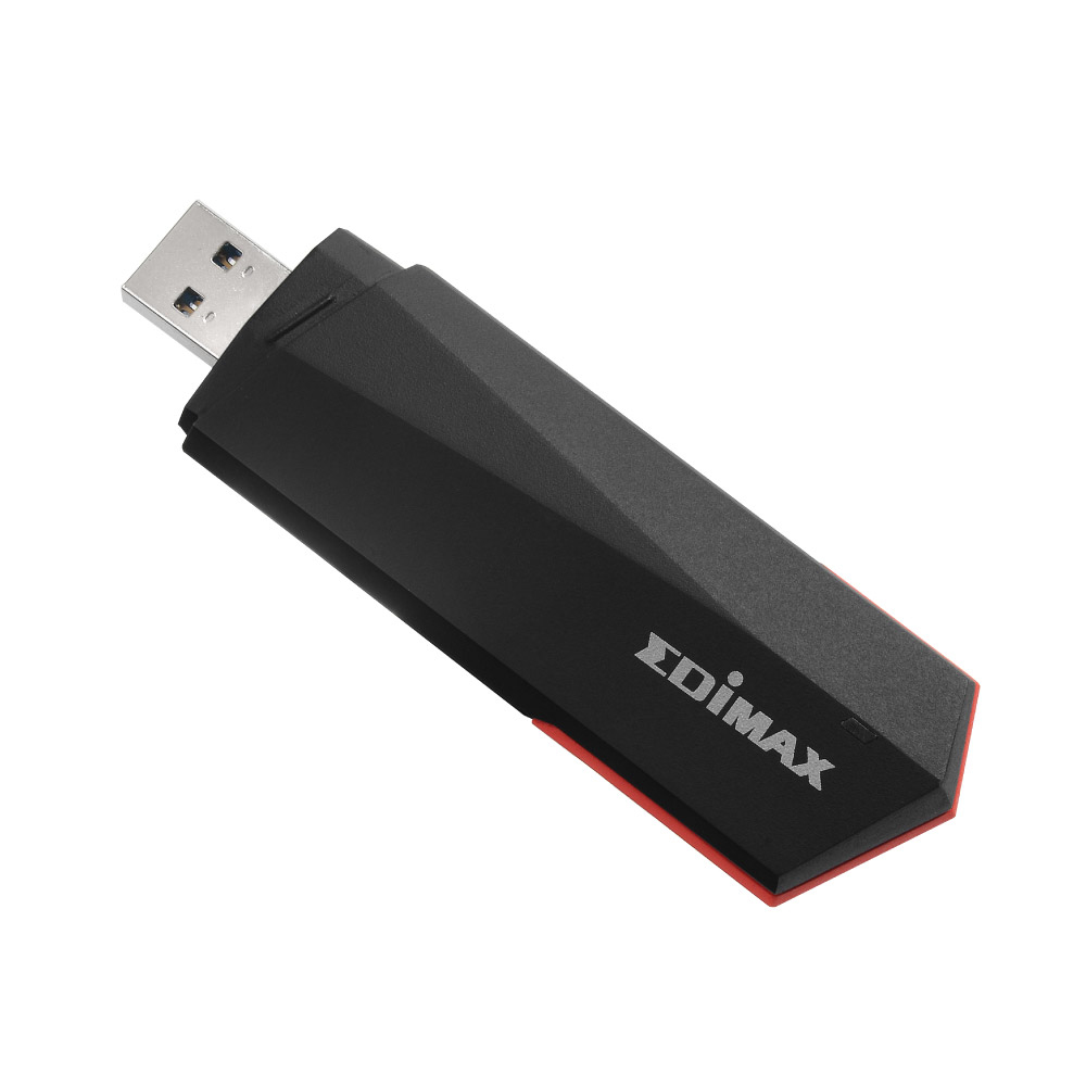 Un adaptador wifi USB Edimax negro. Tiene una franja roja en el borde inferior. El conector USB es plateado.