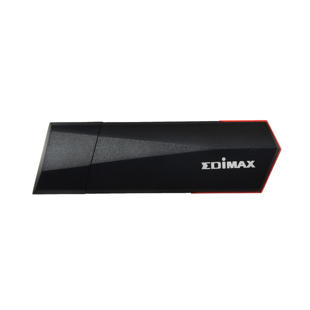 Adaptador USB Wi-Fi Edimax negro con detalles rojos y logo, visto desde arriba.