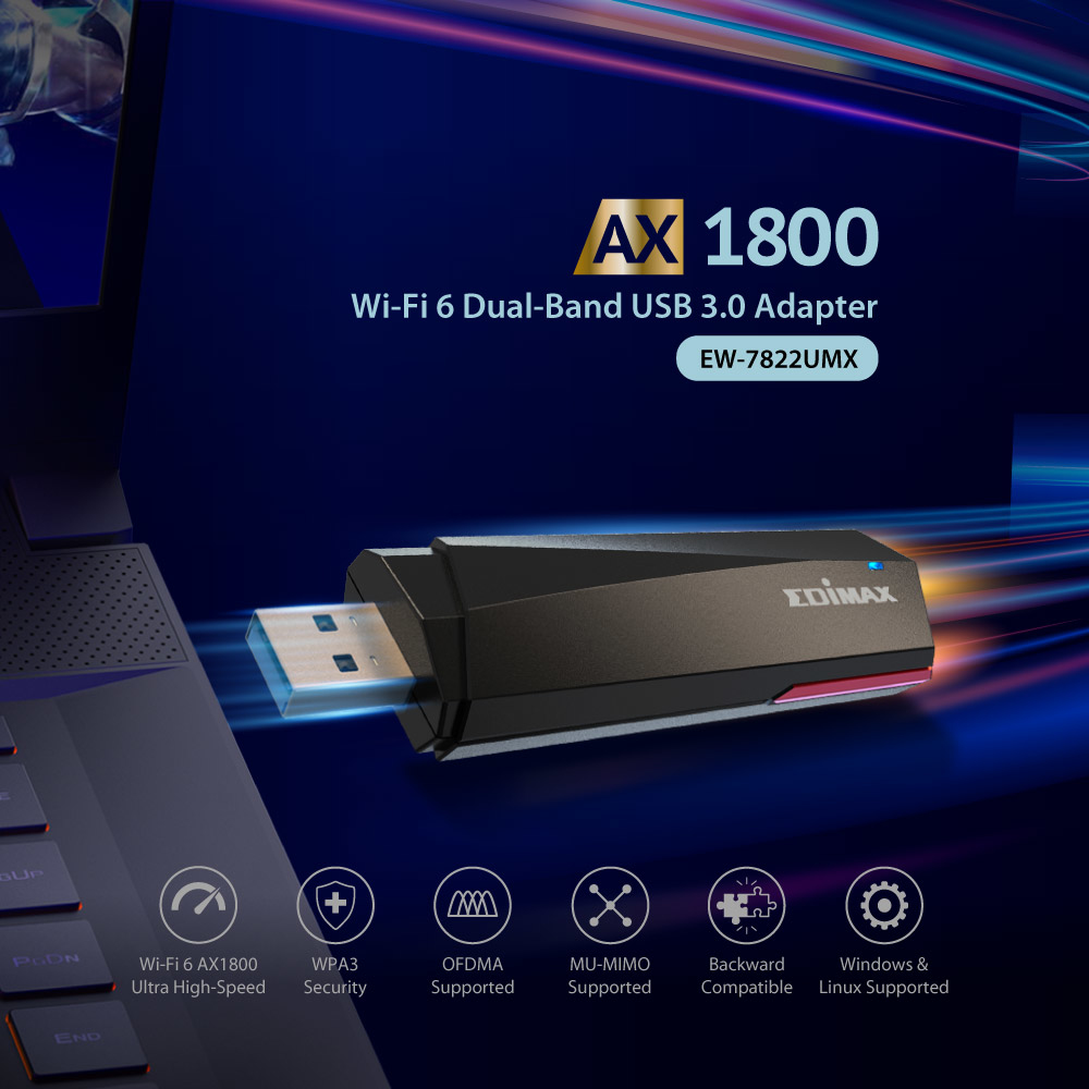 Adaptador Wi-Fi Edimax AX1800 negro y rojo, con texto e iconos que indican funciones.