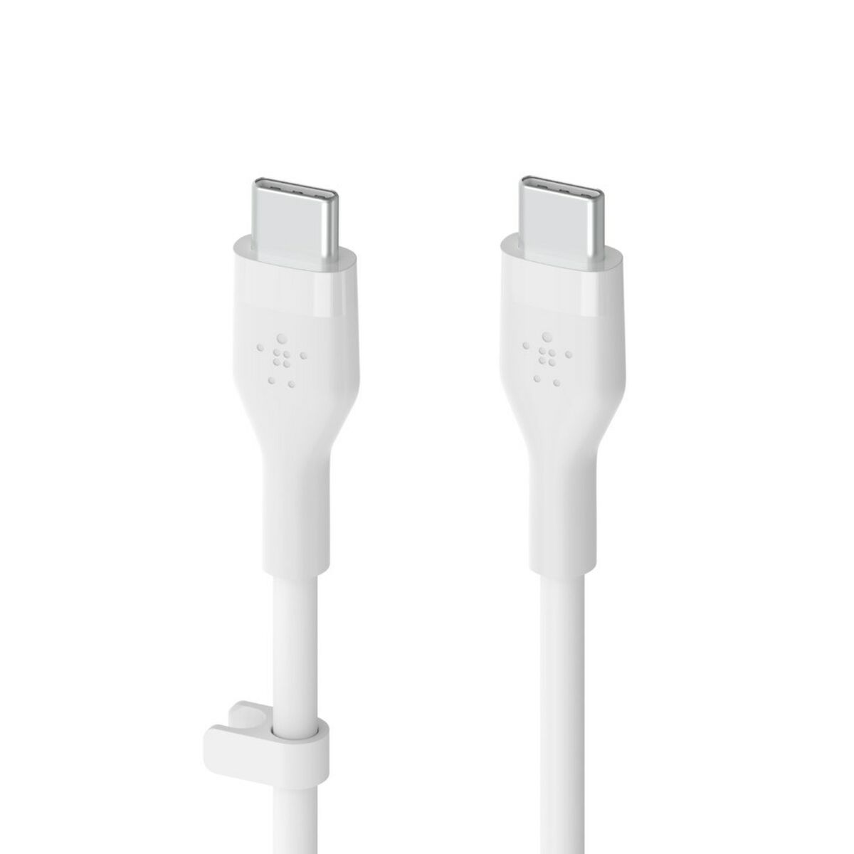 Due cavi USB-C bianchi con connettori in alto, sfondo bianco.