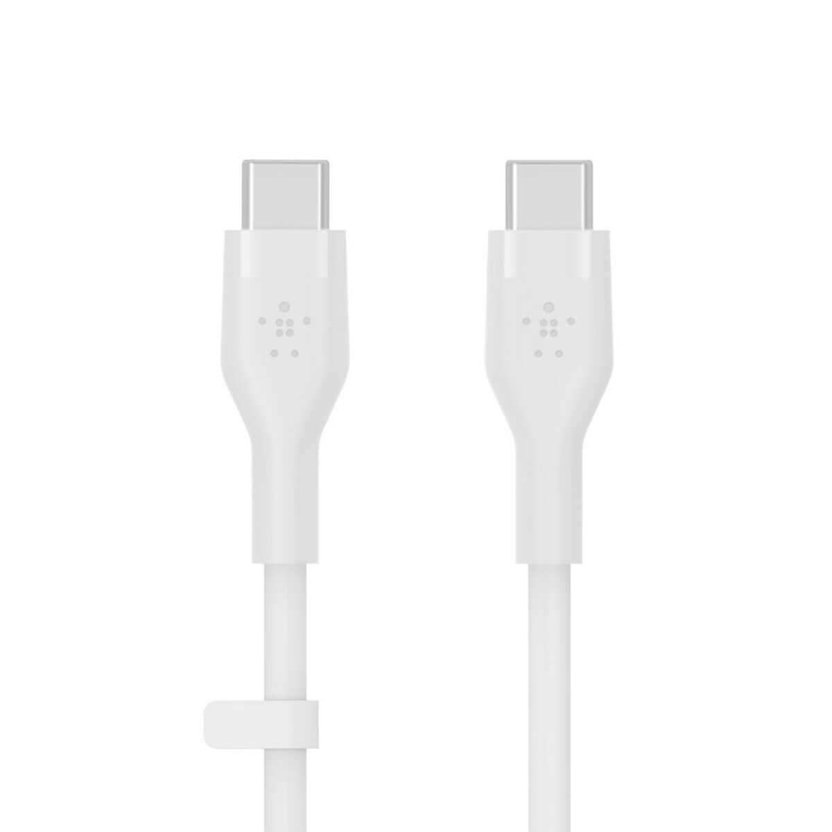 Due cavi USB-C bianchi affiancati, con connettori bianchi e una piccola fascetta bianca.