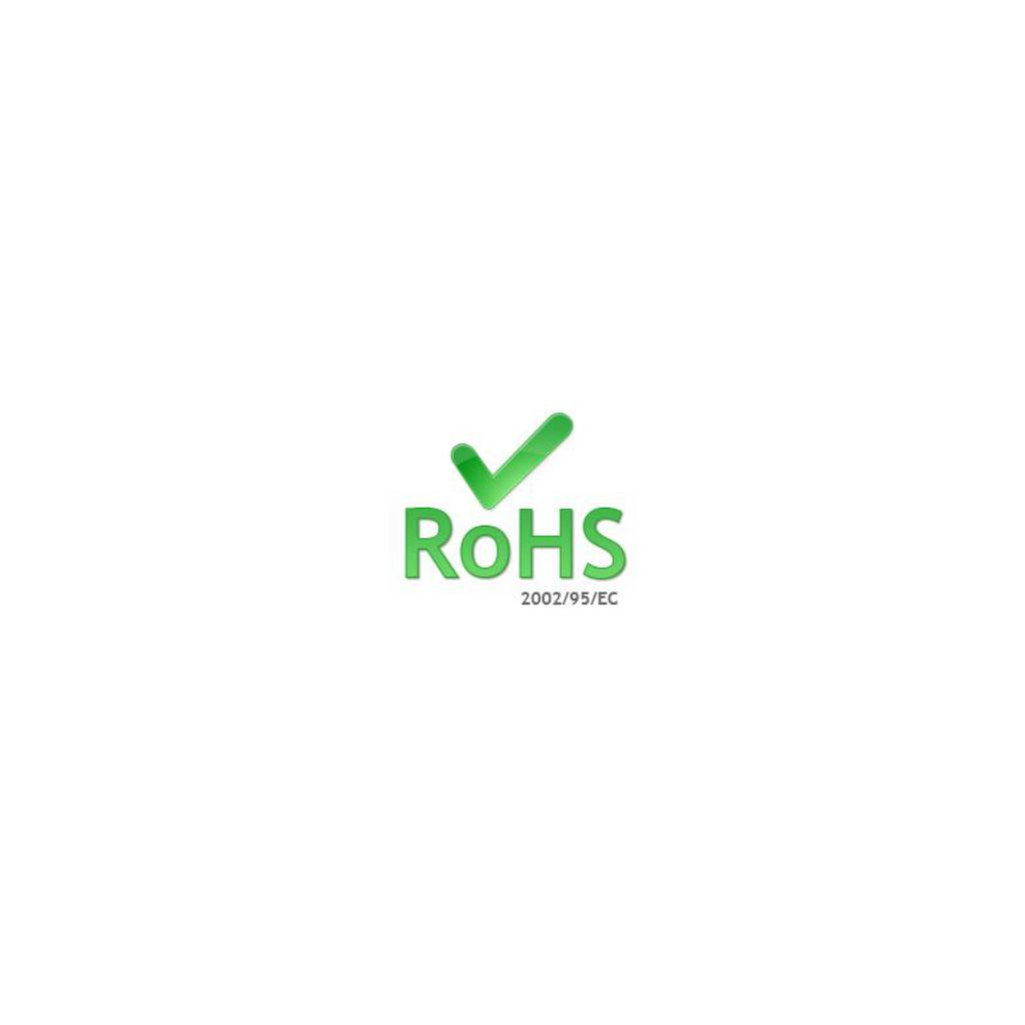 Fondo blanco con el logo verde RoHS y texto debajo, indicando cumplimiento de regulaciones ambientales.