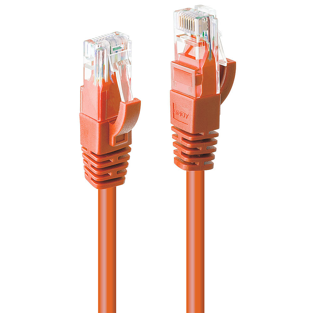 Twee oranje netwerkkabels met transparante connectoren op een witte achtergrond.