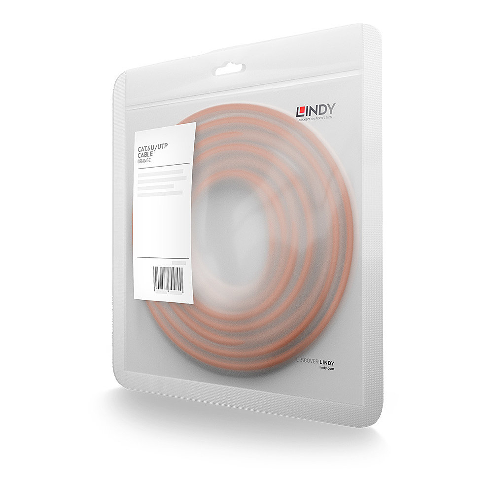 Oranje LINDY kabel in een transparante plastic verpakking met productinformatie en een barcode.