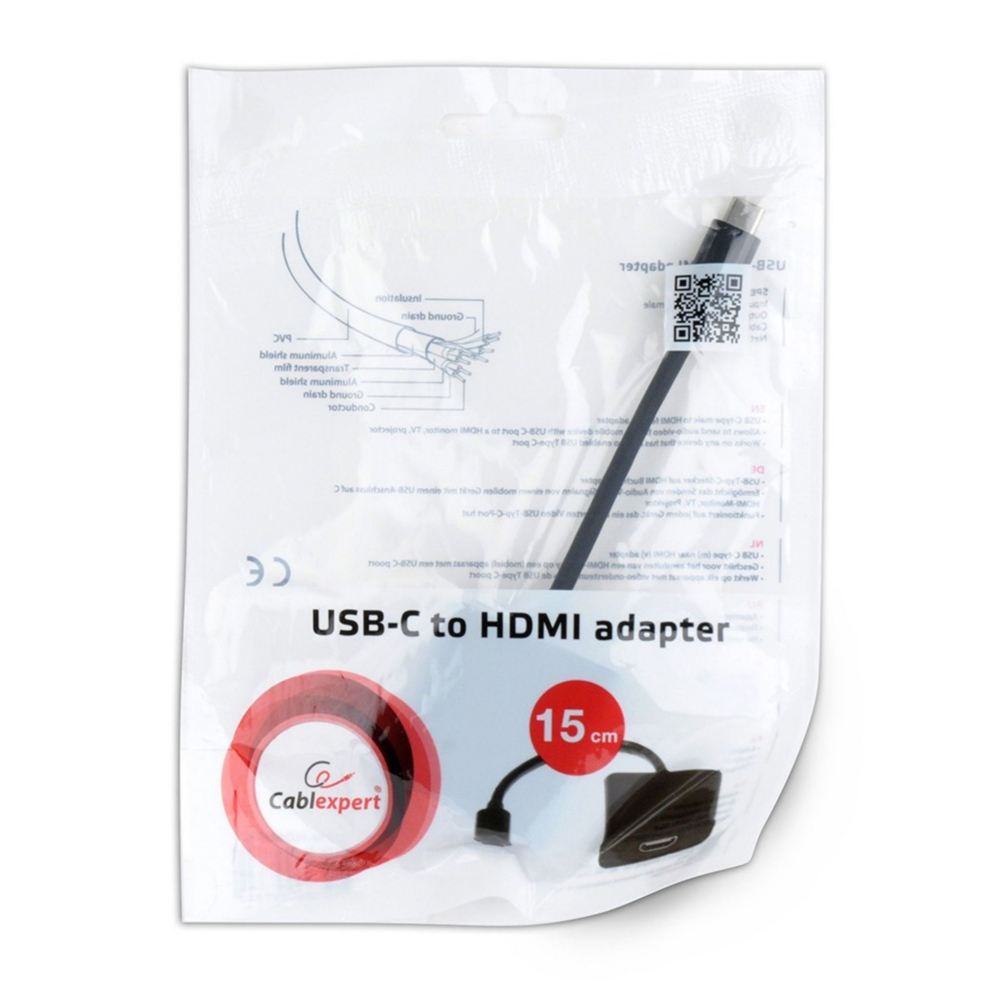Adaptador USB-C a HDMI en un paquete de plástico transparente con detalles del producto y un código QR.