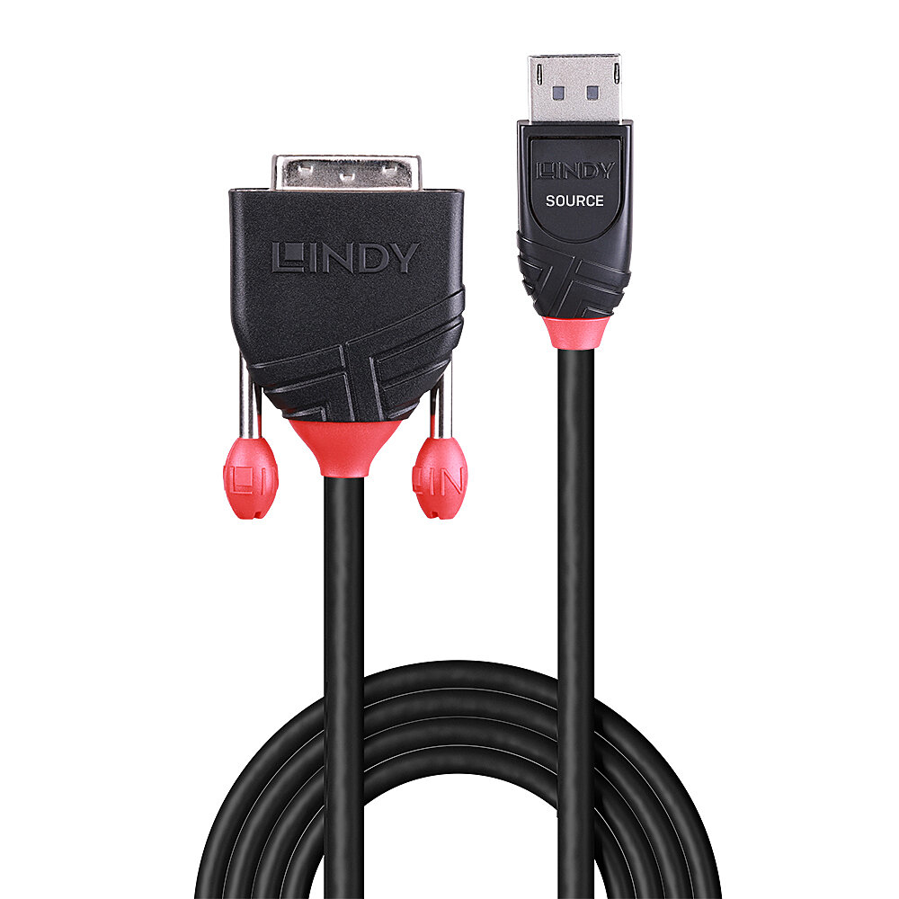 Un cable Lindy negro y rojo con un conector DVI y DisplayPort.