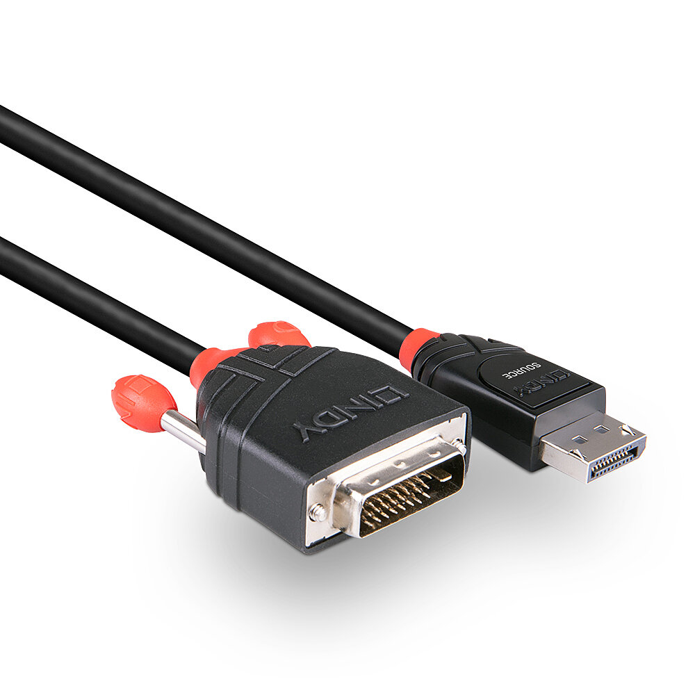 Cable LINDY negro y rojo con conectores DVI y DisplayPort, fondo blanco.
