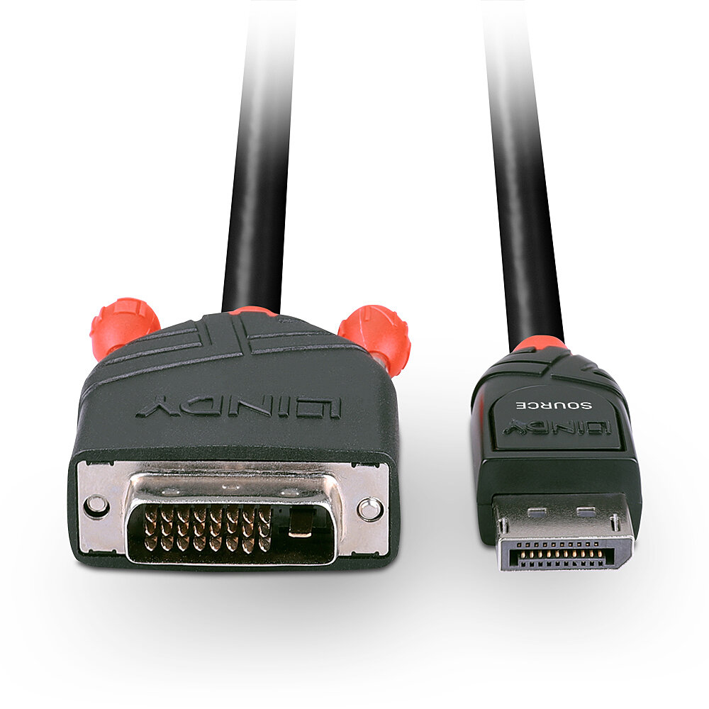 Primer plano de cable LINDY negro con conectores DVI y DisplayPort, perillas rojas.