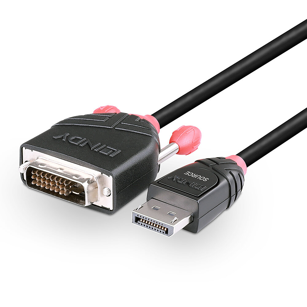 Un cable DVI a DisplayPort sobre un fondo blanco. Los conectores son negros y rojos.