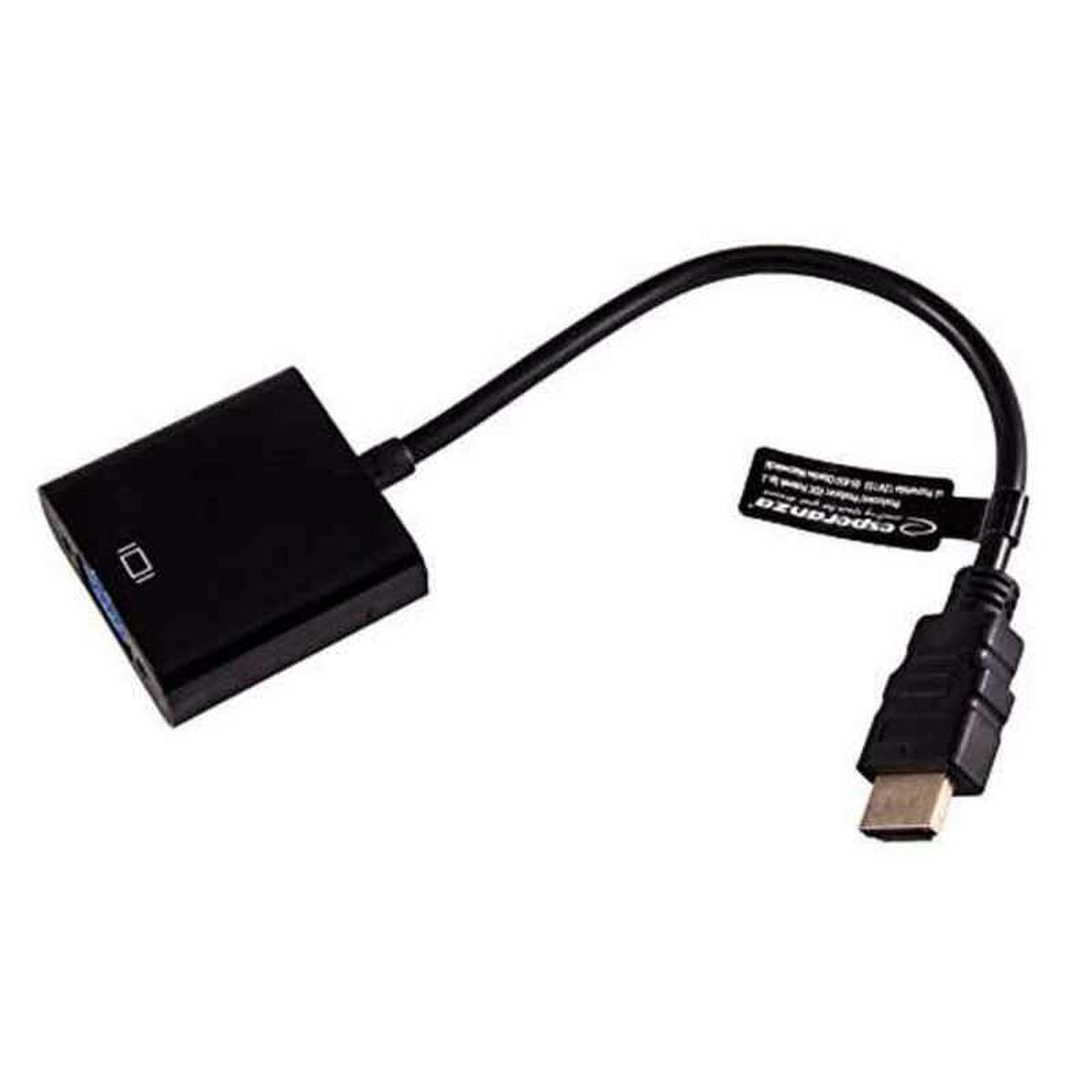 Cable adaptador VGA a HDMI negro con fondo blanco. Etiqueta Esperenza en el cable.