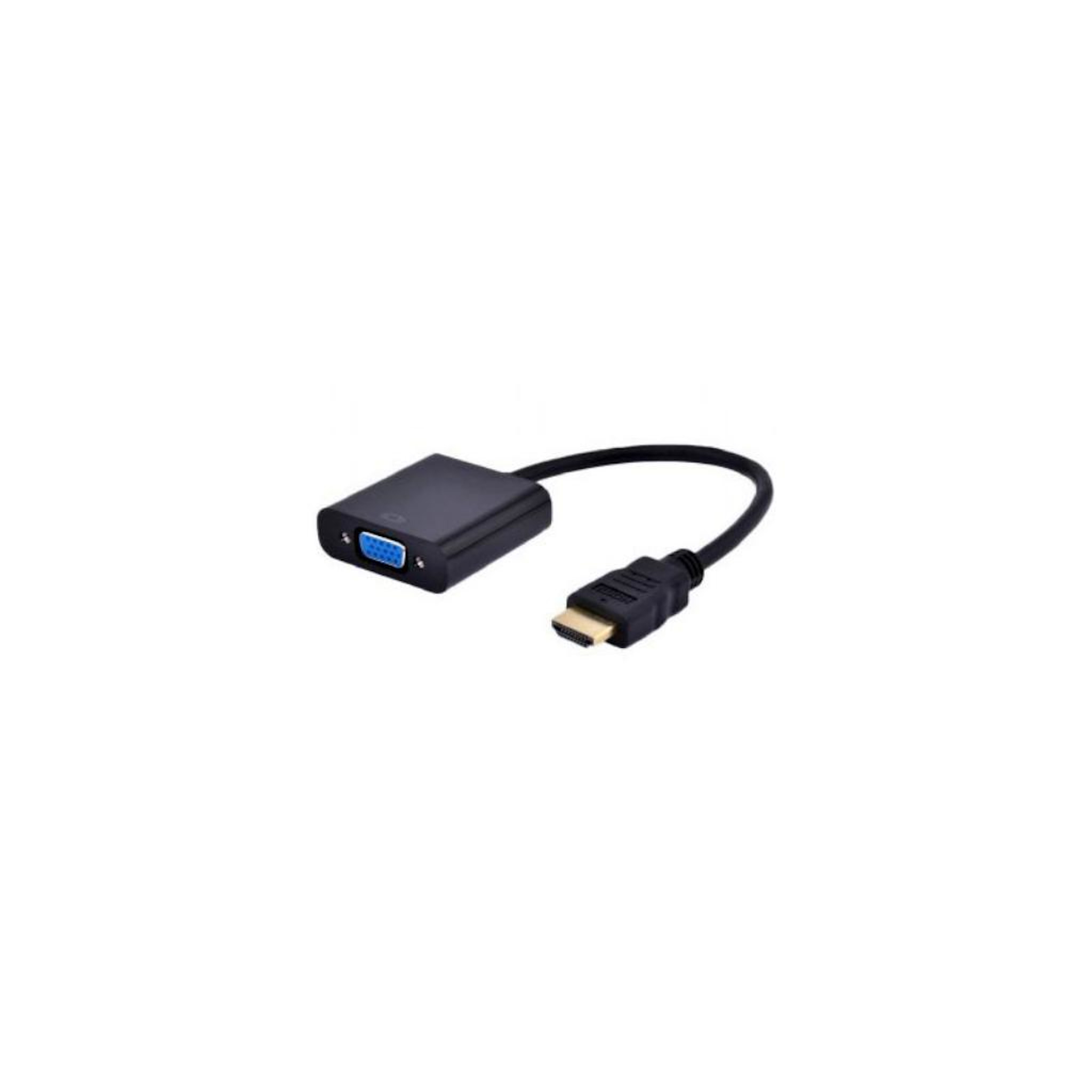 Un cable adaptador VGA a HDMI negro con fondo blanco. El puerto VGA es azul.