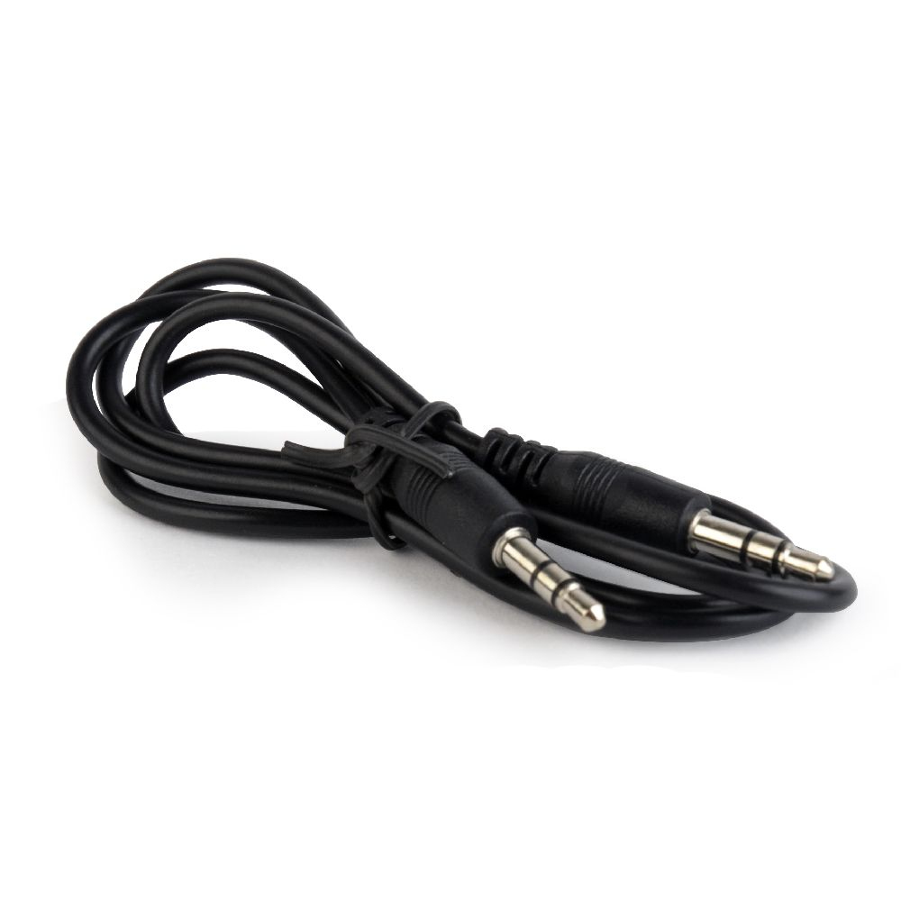 Dos cables de audio negros de 3,5 mm con conectores en cada extremo, atados, aislados.