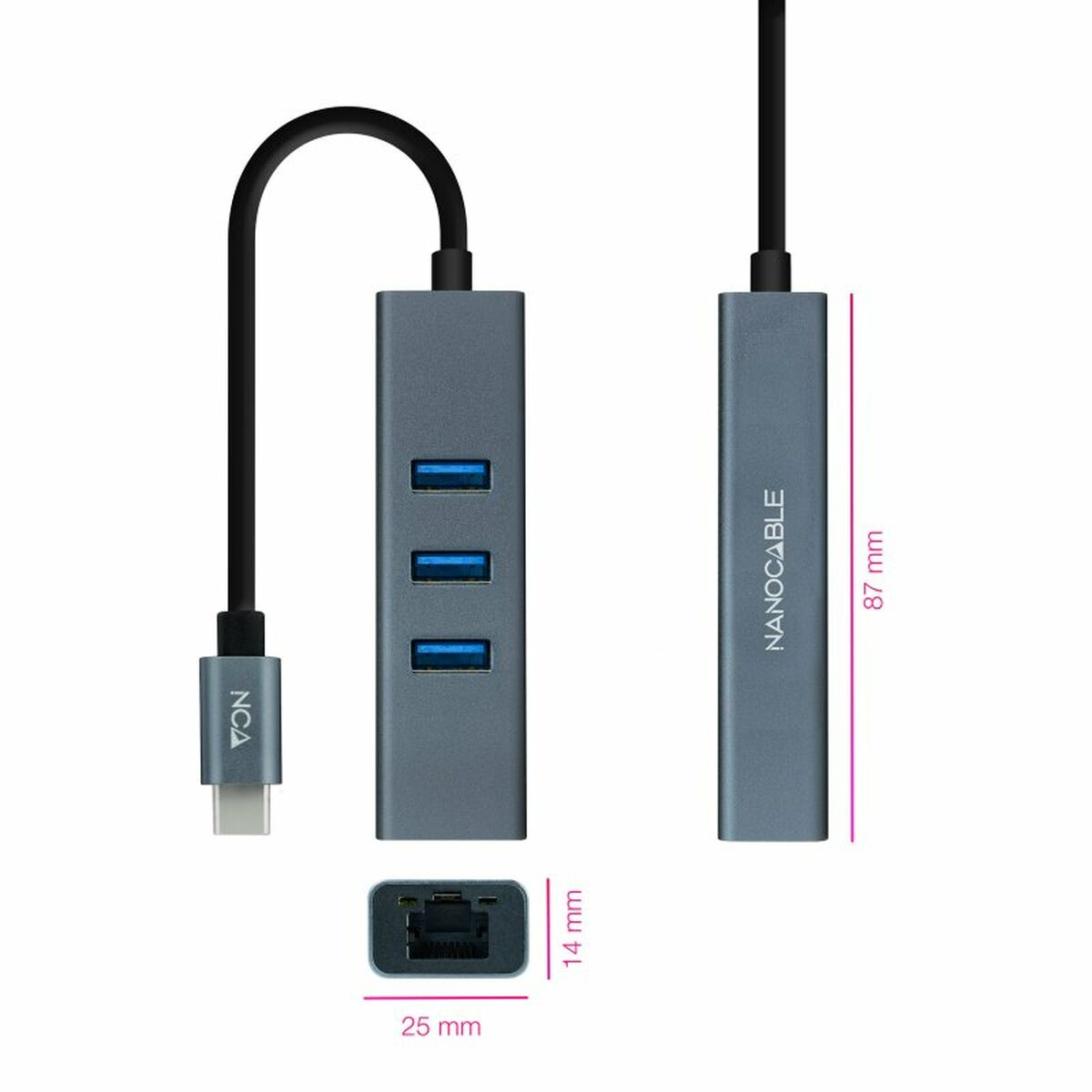 Un concentrador con tres puertos USB y un puerto Ethernet, conectado por un cable con un conector USB-C.