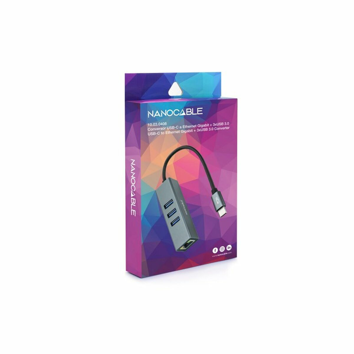 Una caja con un adaptador USB-C a Ethernet. Tiene un concentrador plateado y un cable negro. La marca es Nanocable.