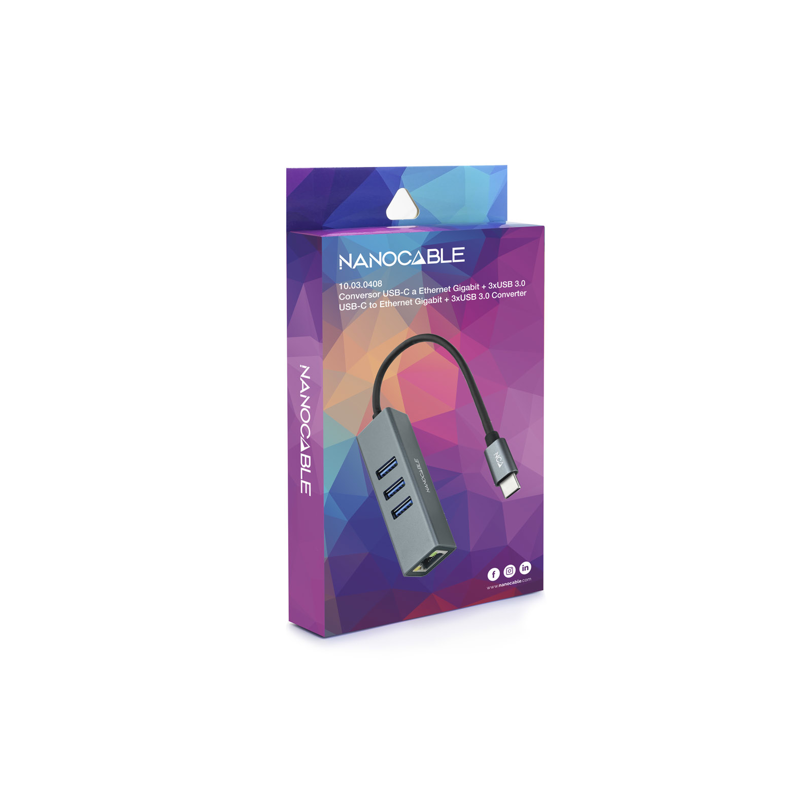 Una caja que muestra un concentrador USB-C con puertos USB, Ethernet y USB-C. La caja es de color púrpura y blanco.