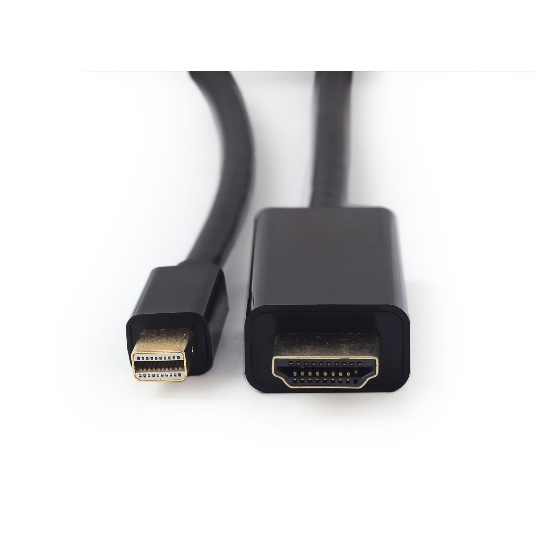 Cable adaptador Mini DisplayPort a HDMI negro sobre fondo blanco.