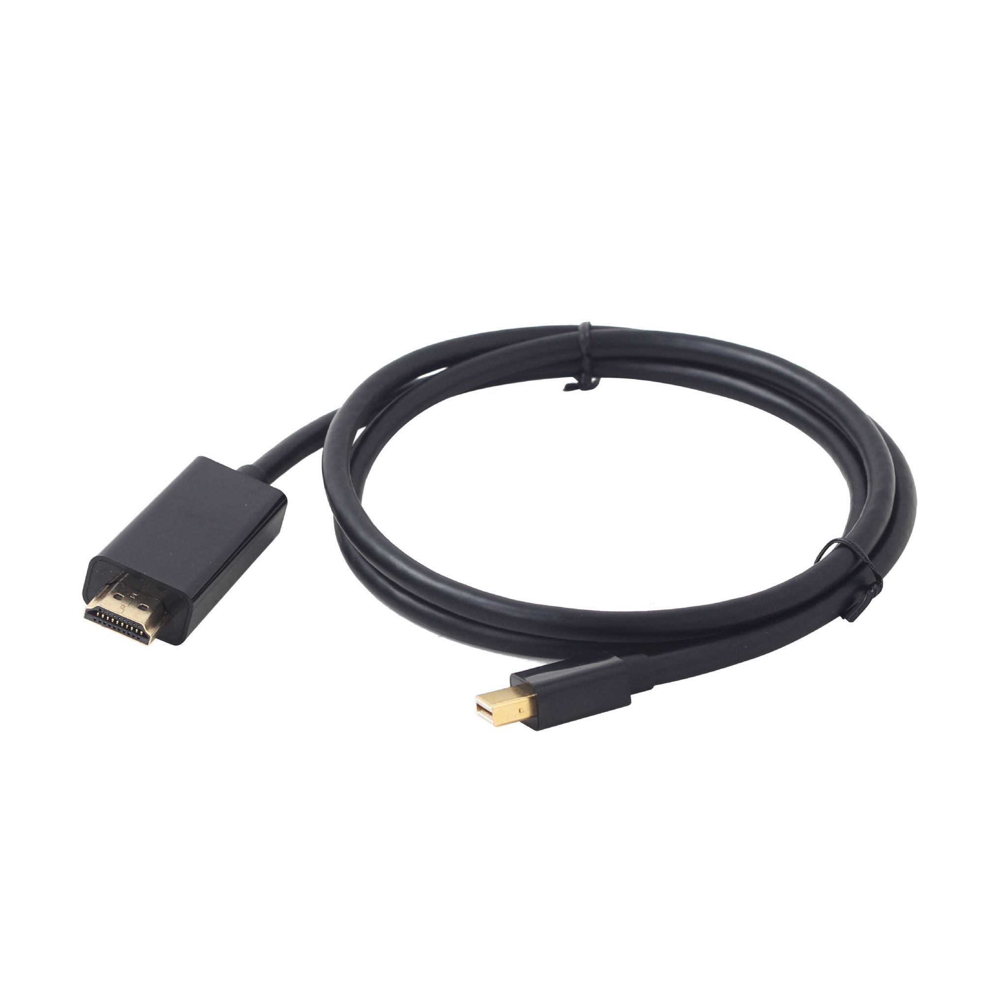 Cable DisplayPort a Mini DisplayPort negro sobre fondo blanco.
