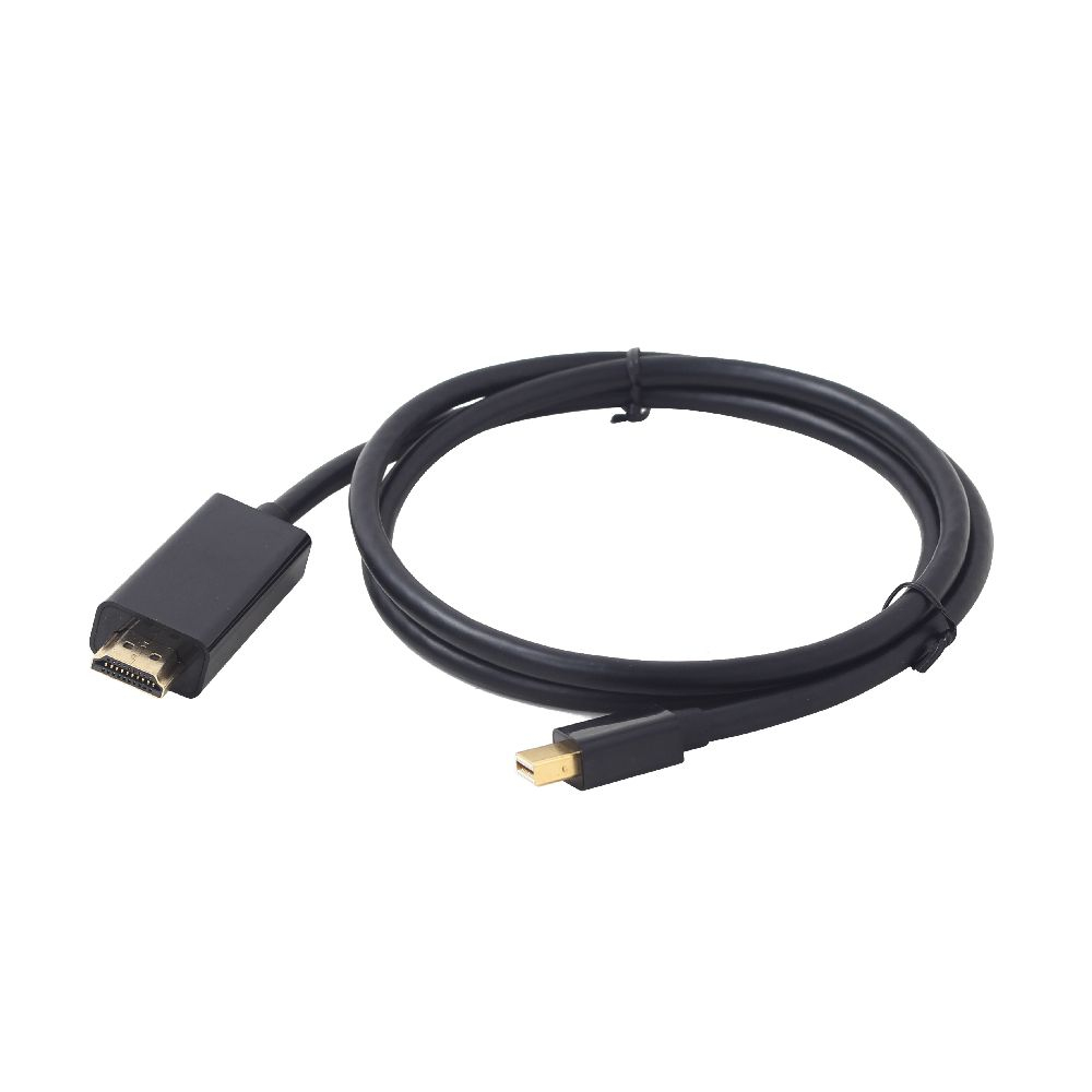 Un cable HDMI a Mini DisplayPort negro sobre una superficie blanca. Los conectores son negros y plateados.
