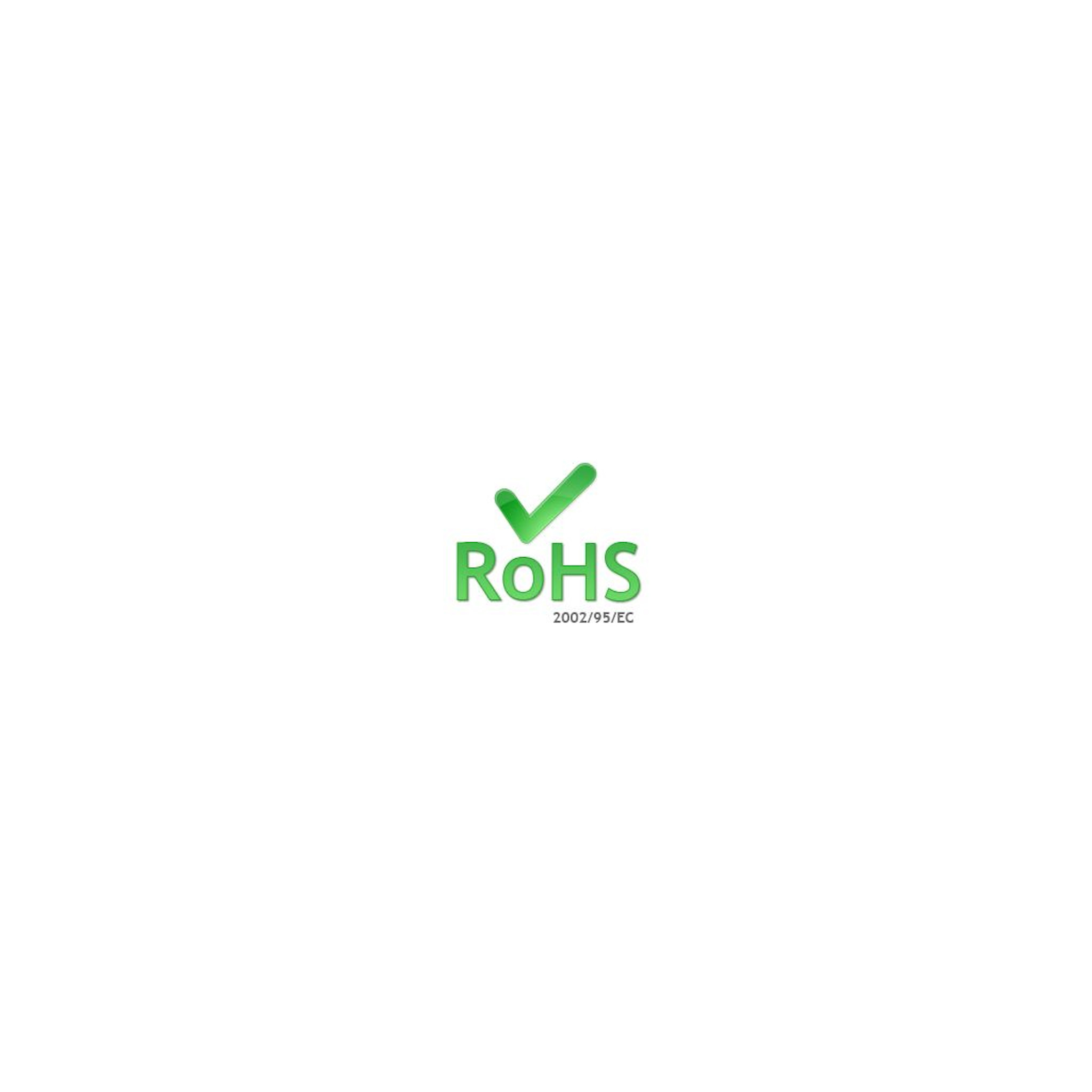Fondo blanco con una marca de verificación verde y el texto RoHS.
