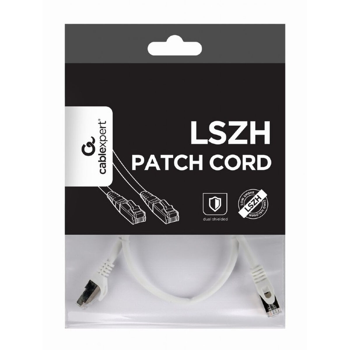 Opakowanie z białym kablem krosowym i tekstem LSZH PATCH CORD.