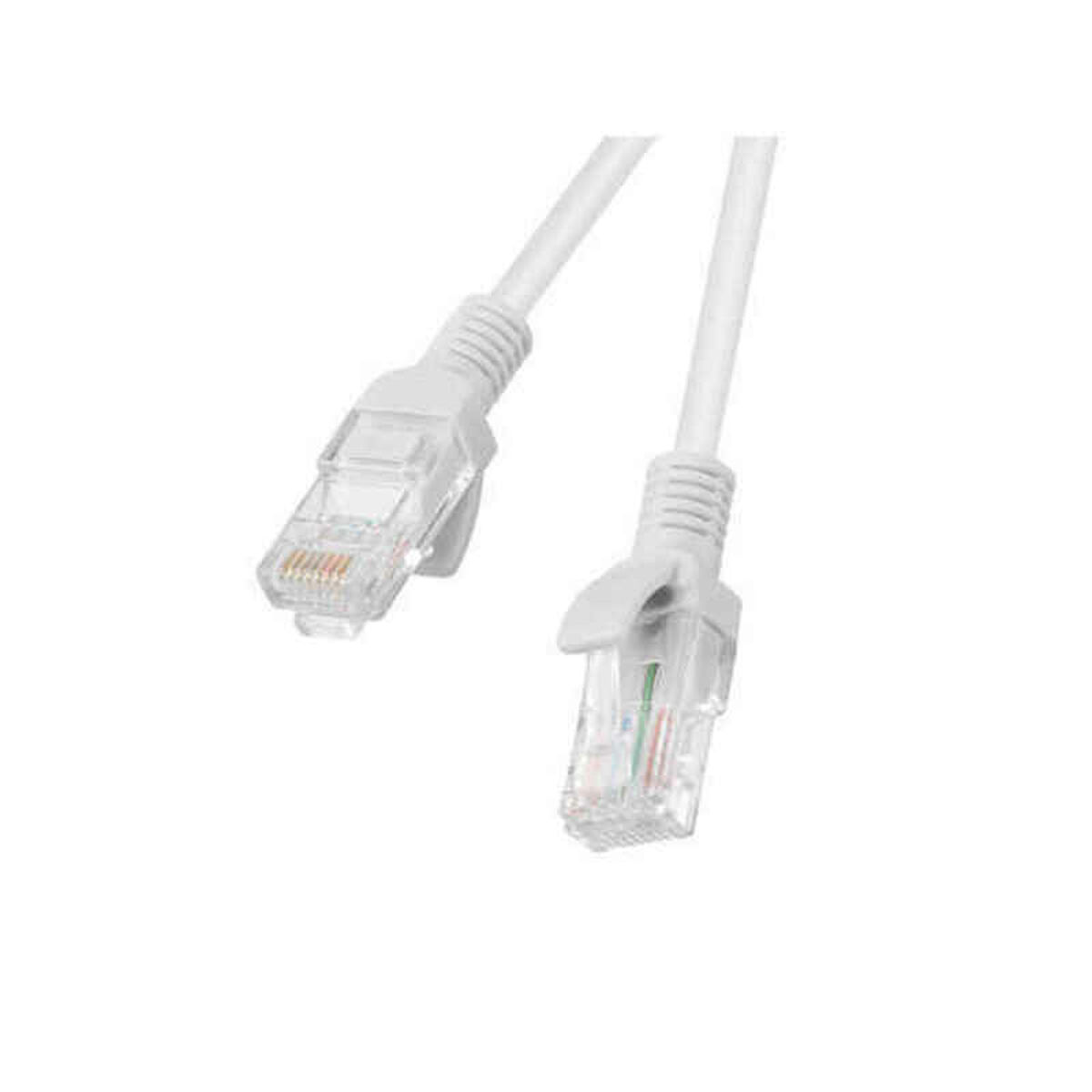 Due estremità di cavi Ethernet bianchi con connettori trasparenti sono isolate su bianco.