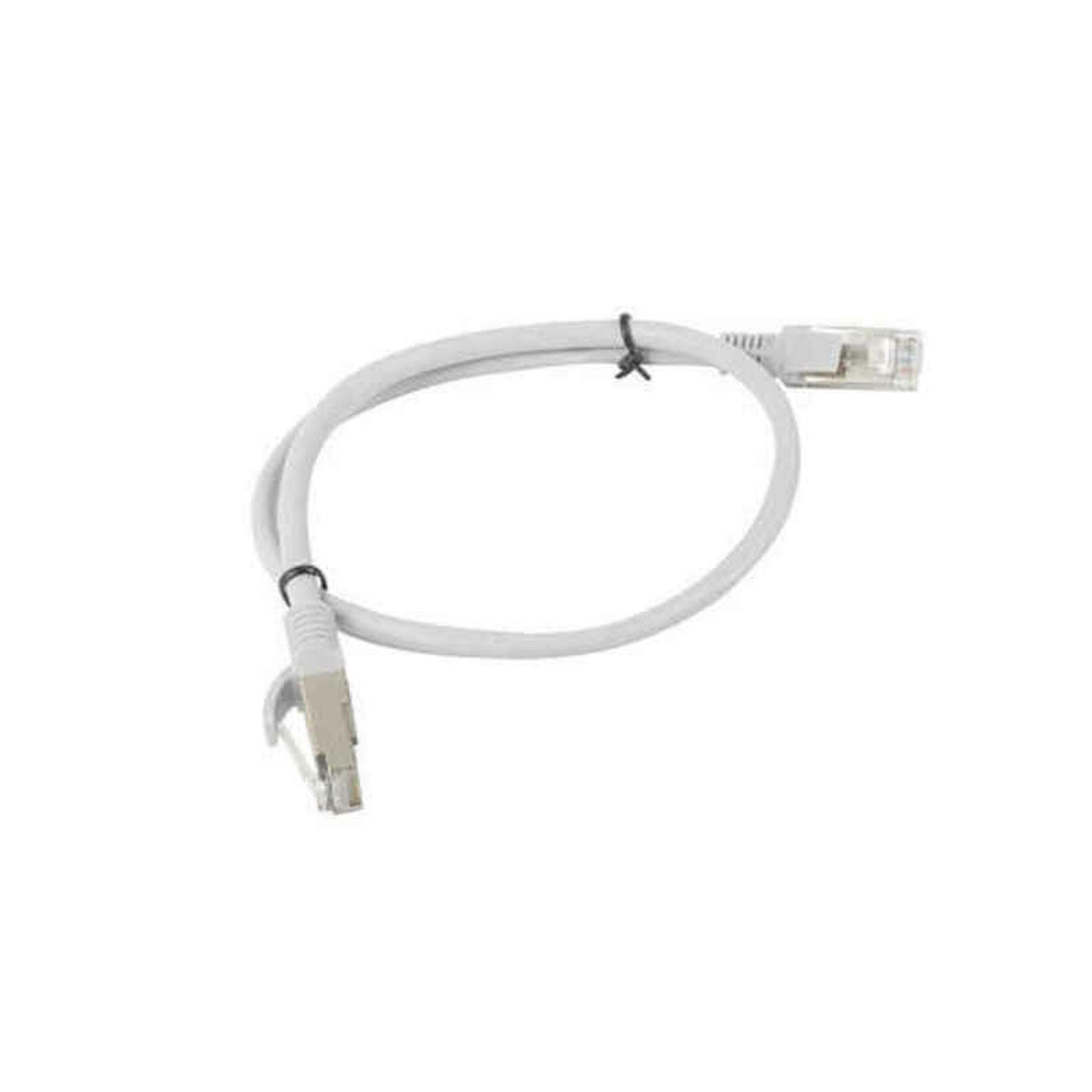 Un cavo Ethernet bianco con connettori su entrambe le estremità, collegato con una fascetta nera.