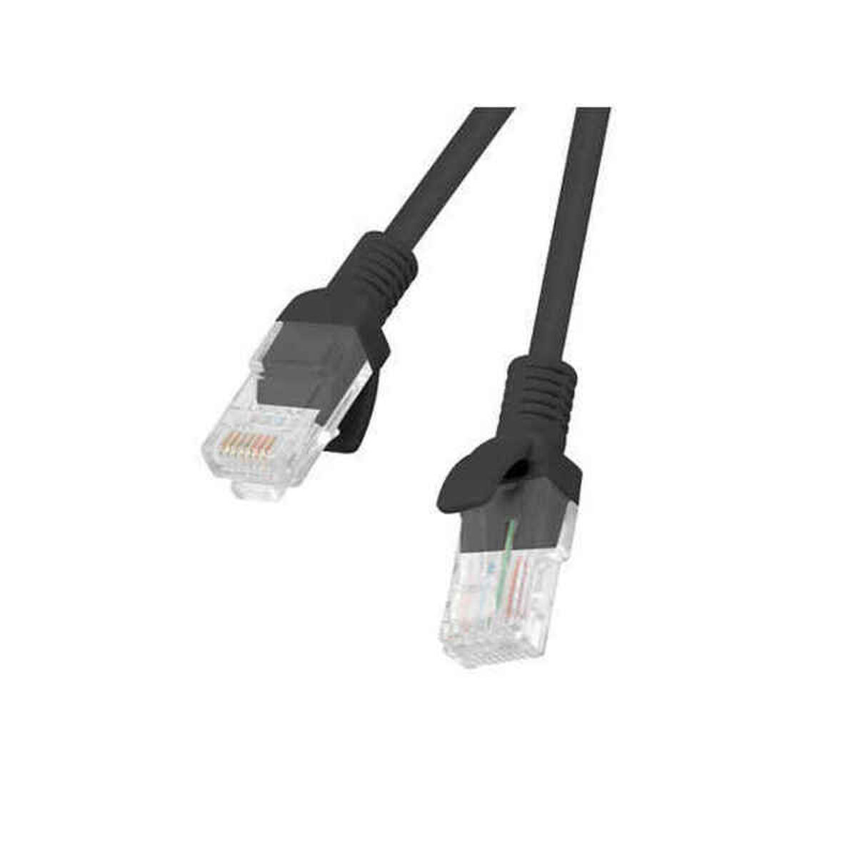 Dos conectores de cable Ethernet negros con carcasas de plástico transparente, angulados sobre fondo blanco.