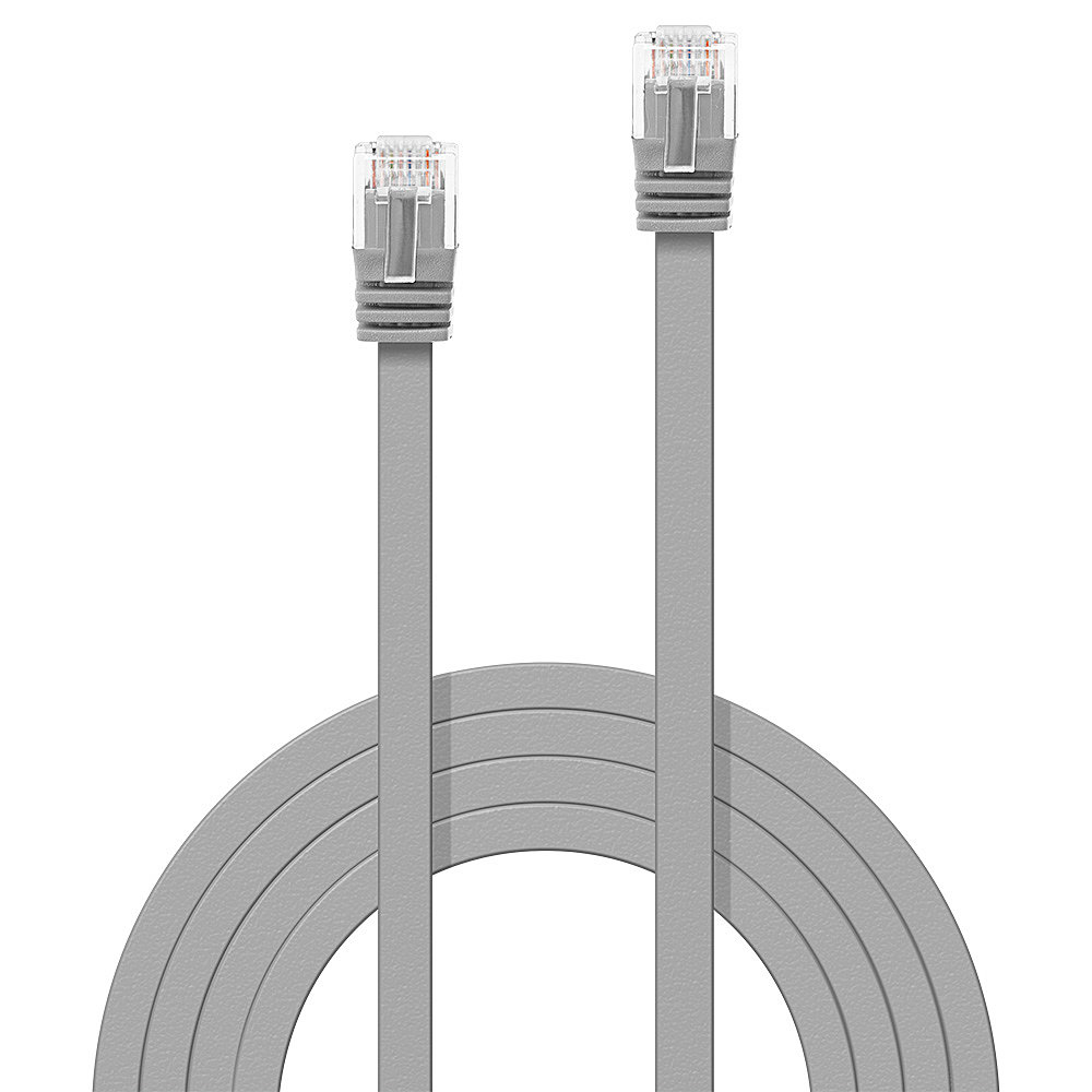 Un cable Ethernet gris con conectores en ambos extremos, en forma de bucle.