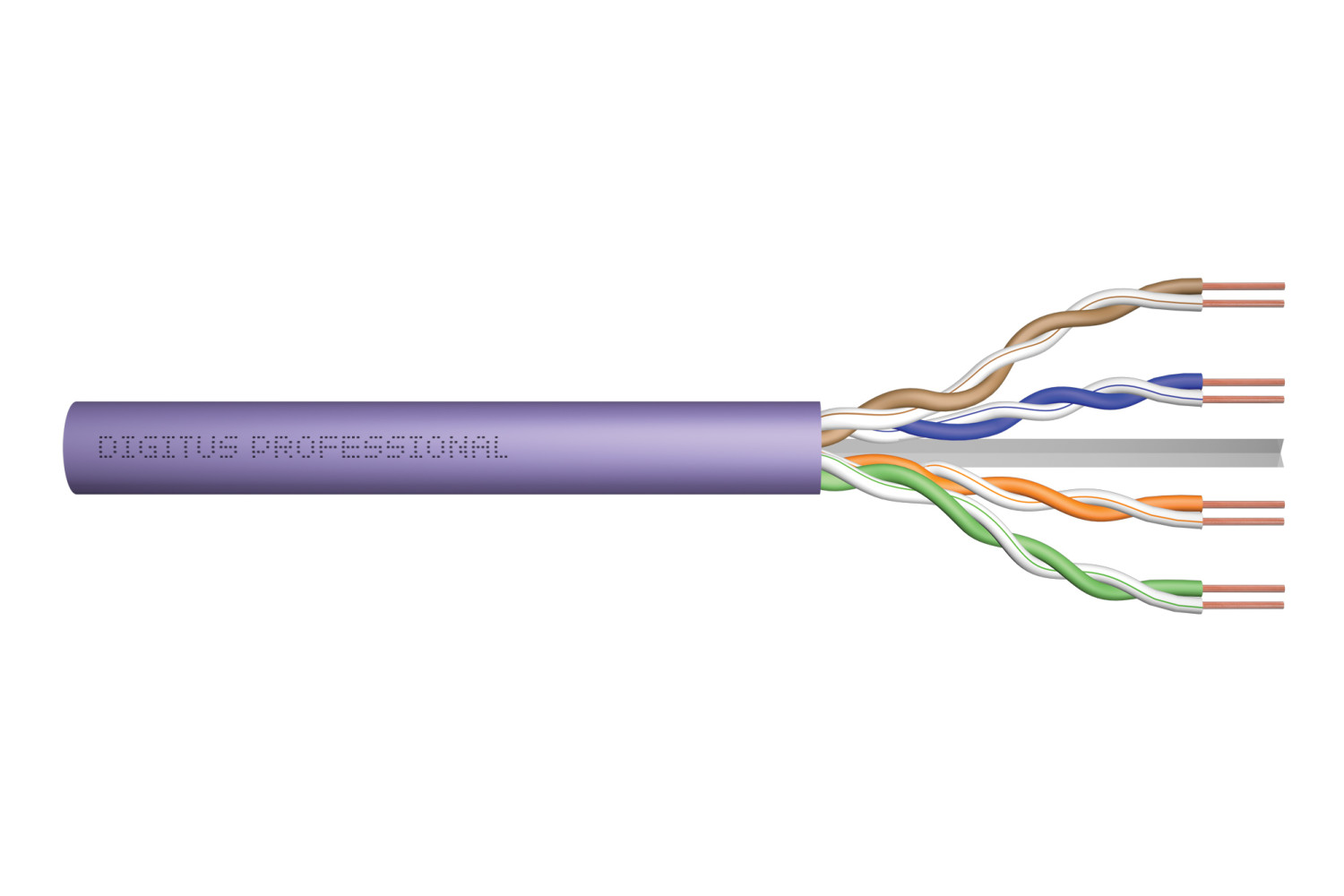 Diagramma di un cavo Ethernet che mostra le coppie di fili intrecciati all'interno di un cavo viola.