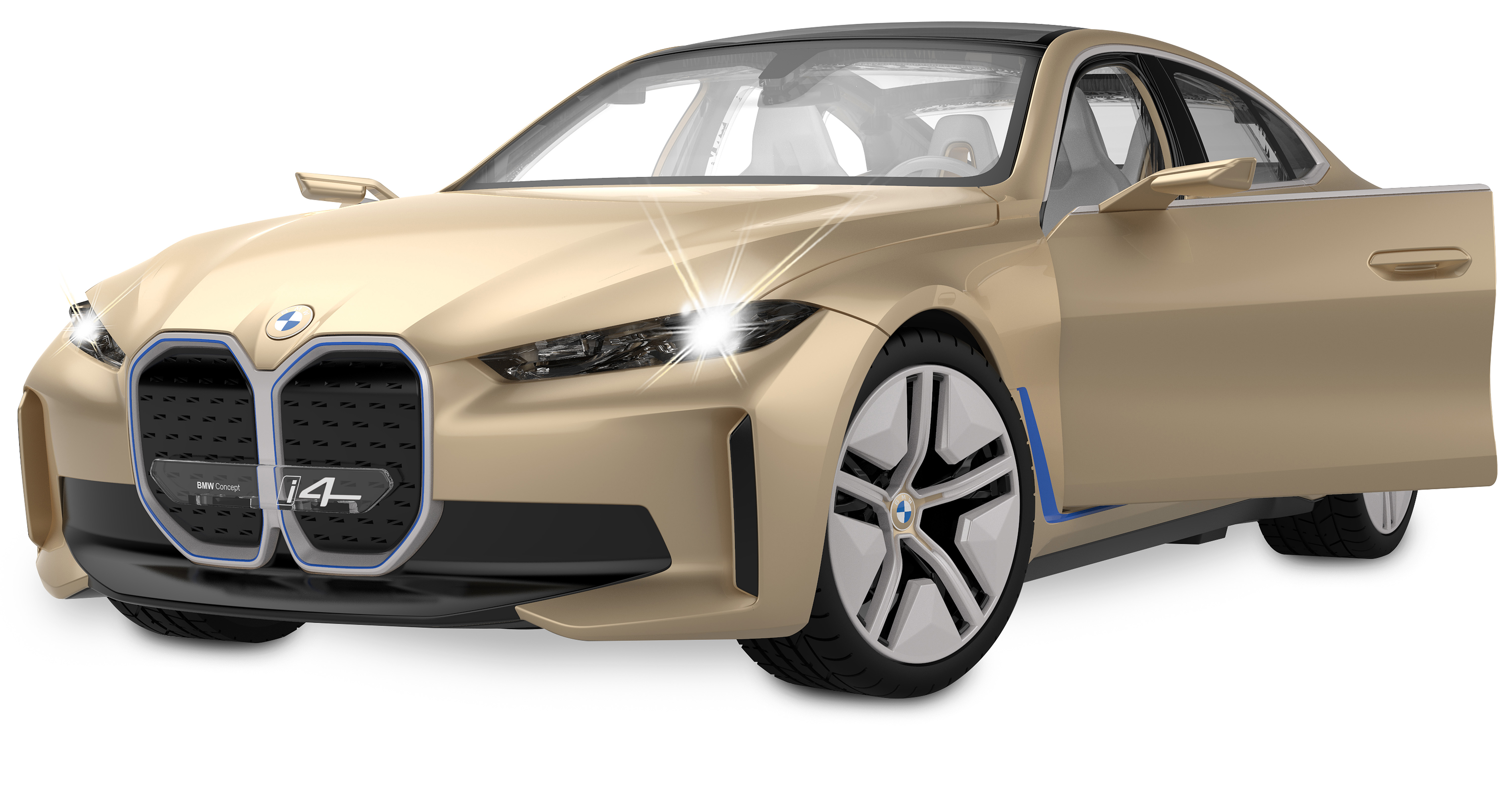 Ein goldenes BMW i4-Auto mit offener Tür, hellen Scheinwerfern und einem Logo.