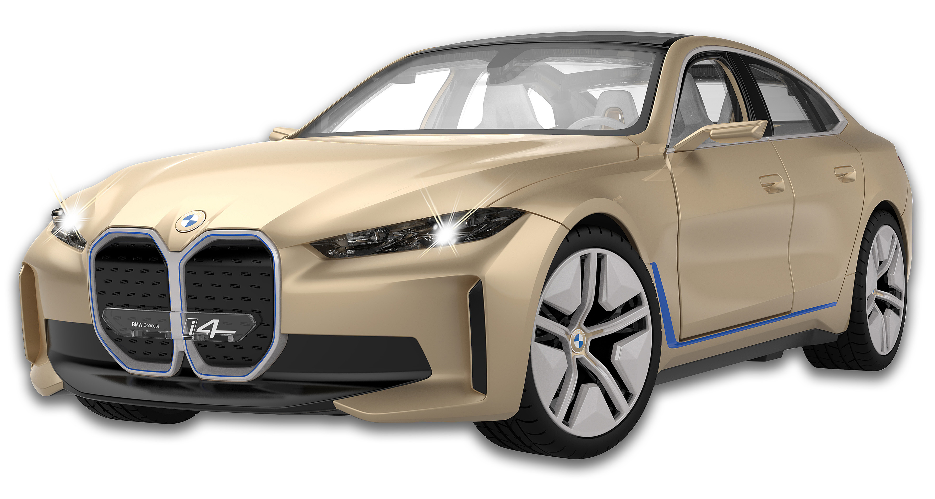 Ein goldfarbenes BMW i4-Auto vor einem weißen Hintergrund.