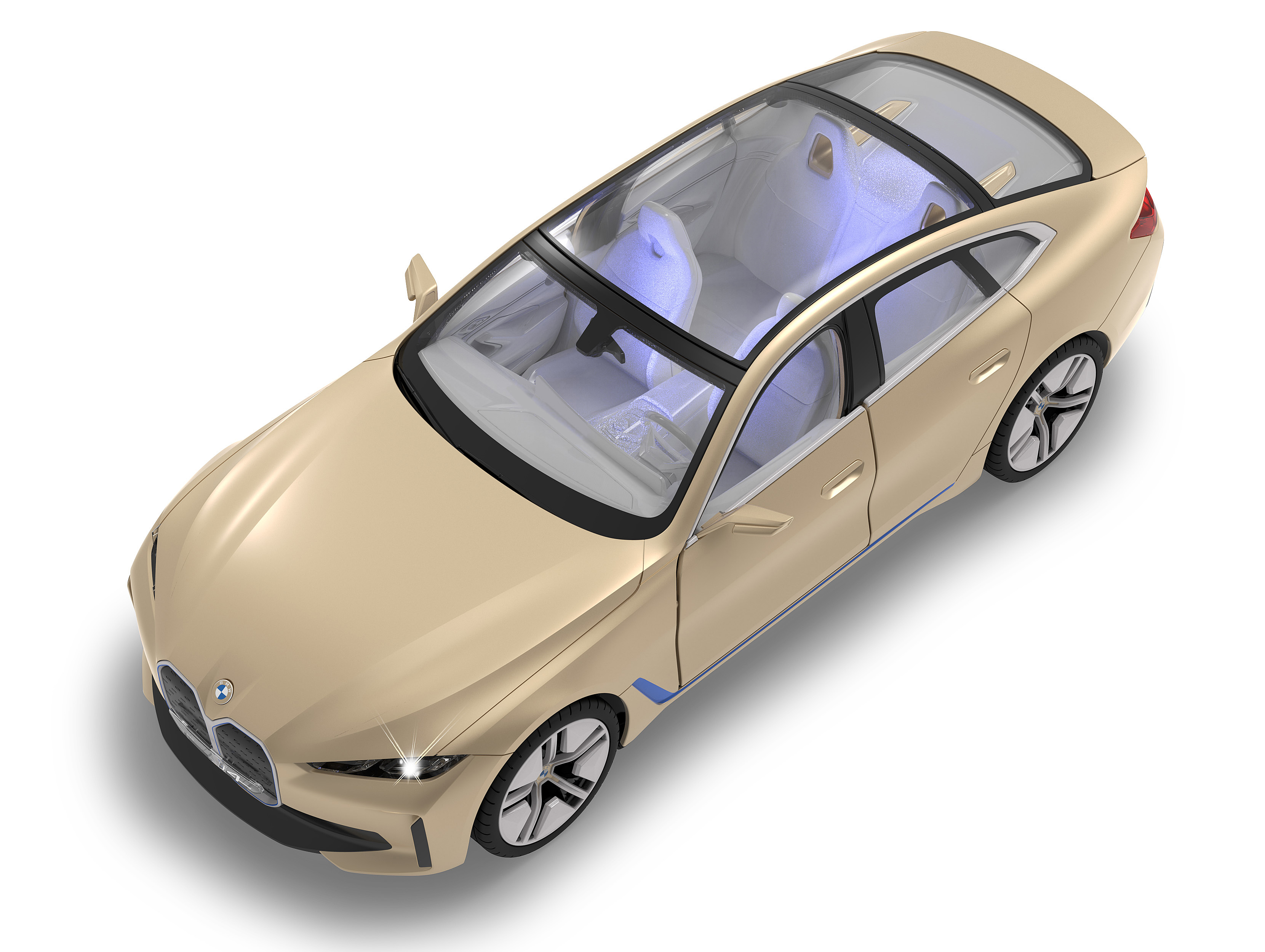 Draufsicht auf ein goldenes Auto mit offenem Schiebedach und sichtbarem Innenraum.