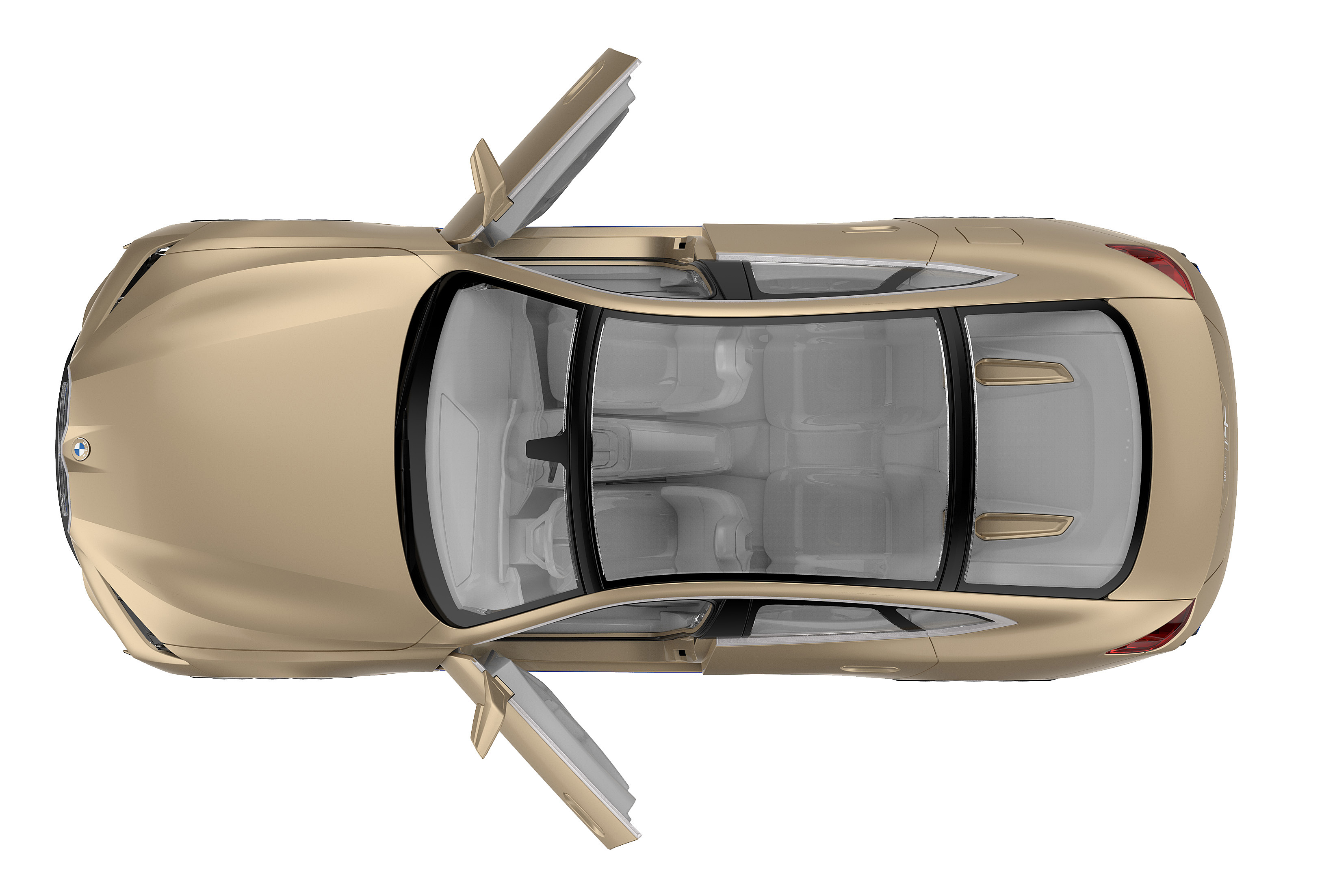 Draufsicht auf ein goldenes Auto mit geöffneten Türen, das den Innenraum zeigt.