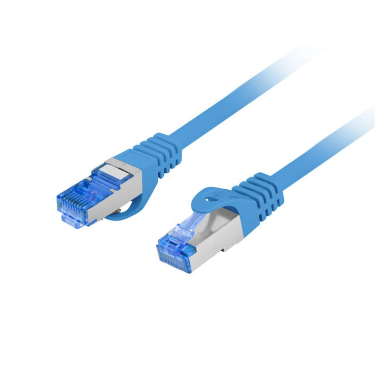 Deux câbles réseau bleus avec connecteurs RJ45 sur fond blanc.