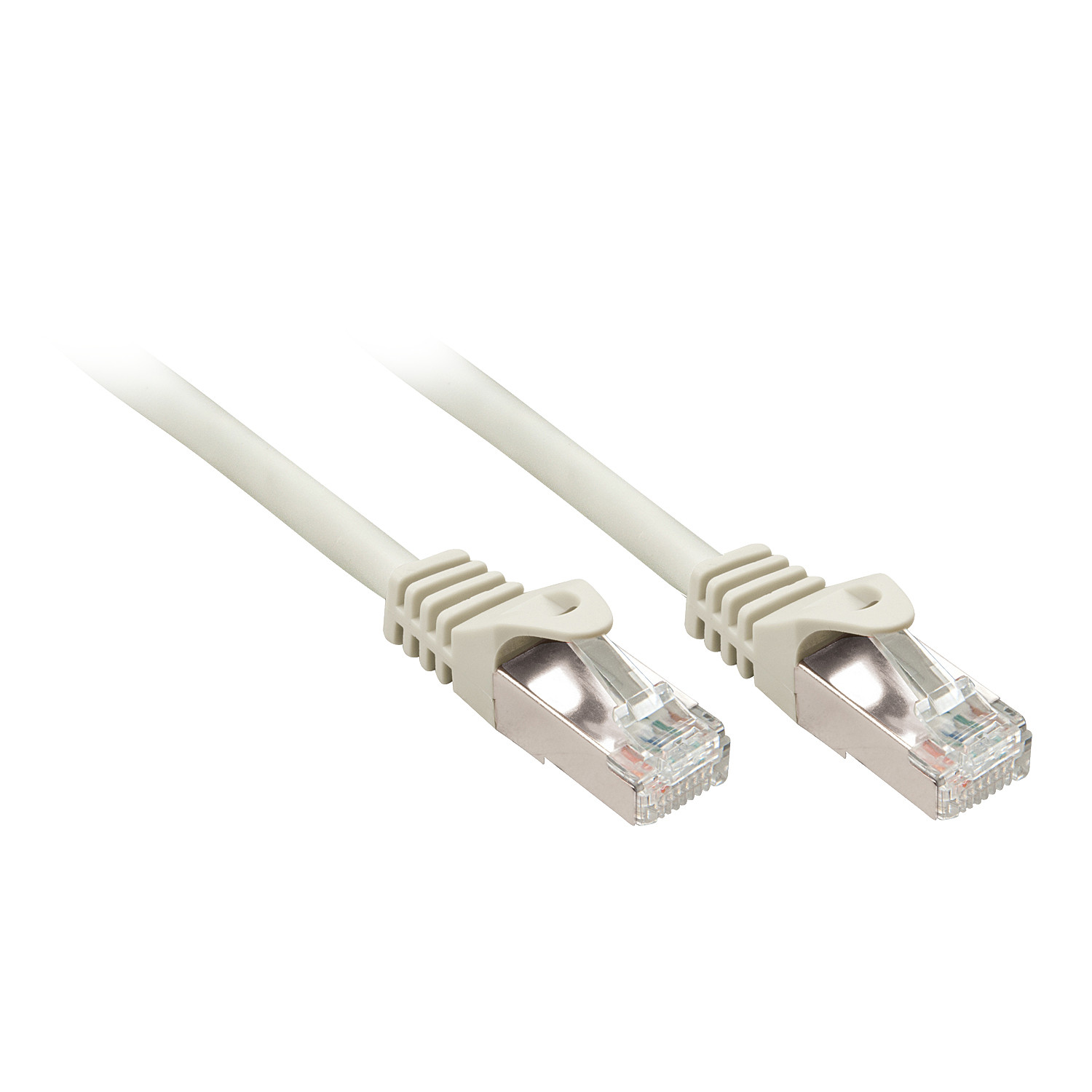 Two white network cables with gray connectors on a white background.