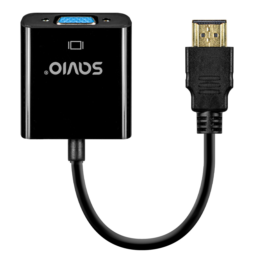 Un adaptador Savio HDMI a VGA negro con puerto VGA y cable HDMI.