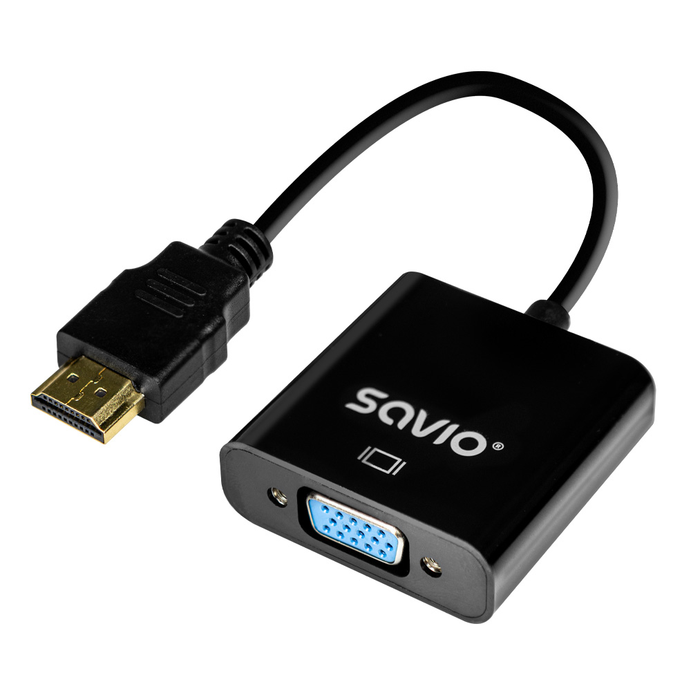 Un adaptador de HDMI a VGA con carcasa y conectores negros.