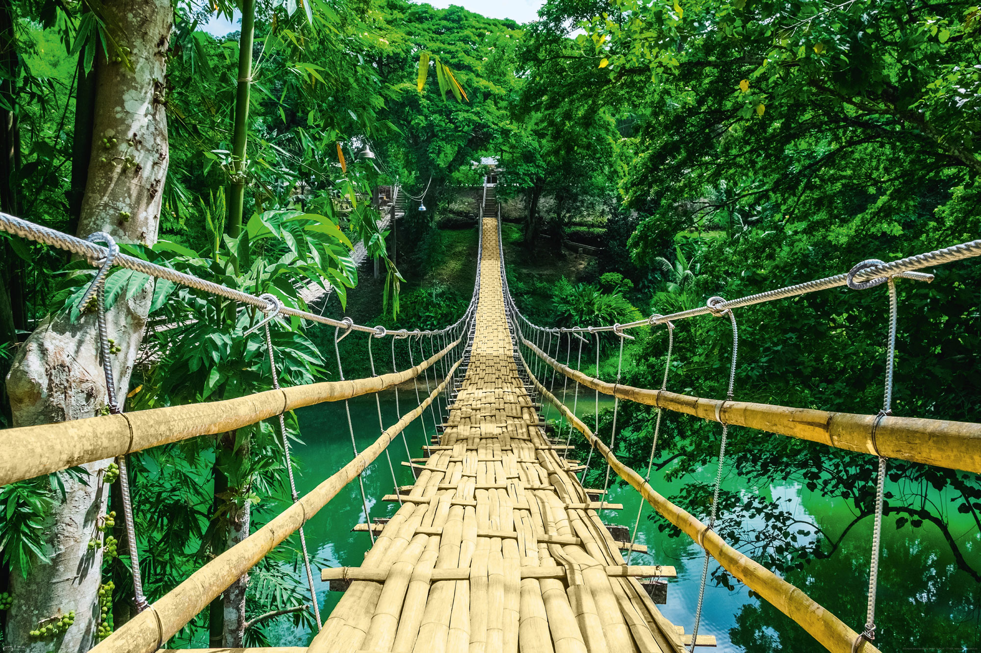 Eine Seilbrücke über einem türkisfarbenen Fluss, umgeben von grünen Bäumen.