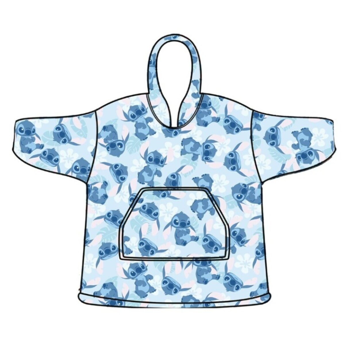 Eine blaue Stitch-Kapuzen-Decke mit Stitch-Muster vor weißem Hintergrund.