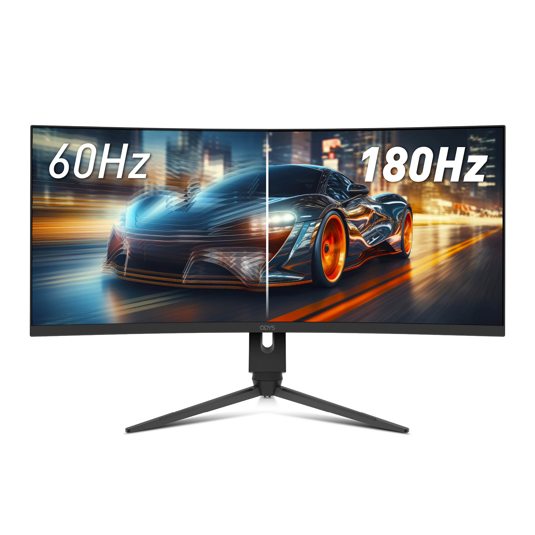 Ein gekrümmter Monitor zeigt einen geteilten Bildschirm mit einem Sportwagen und Frequenzzahlen.