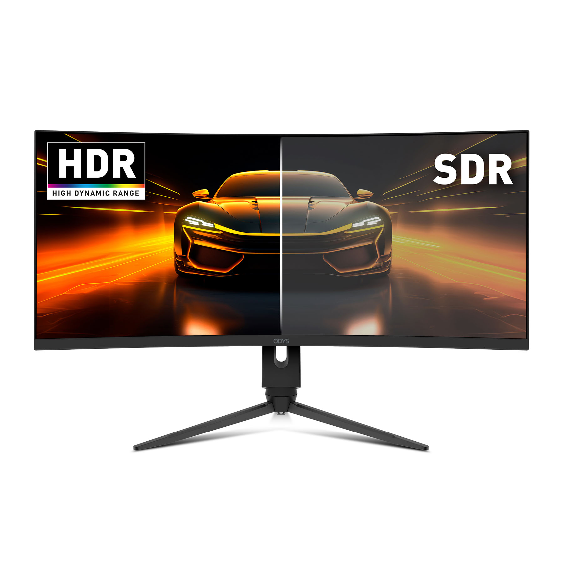 Gebogener Monitor, der ein halbes HDR- und ein halbes SDR-Bild eines Autos auf weißem Hintergrund anzeigt.