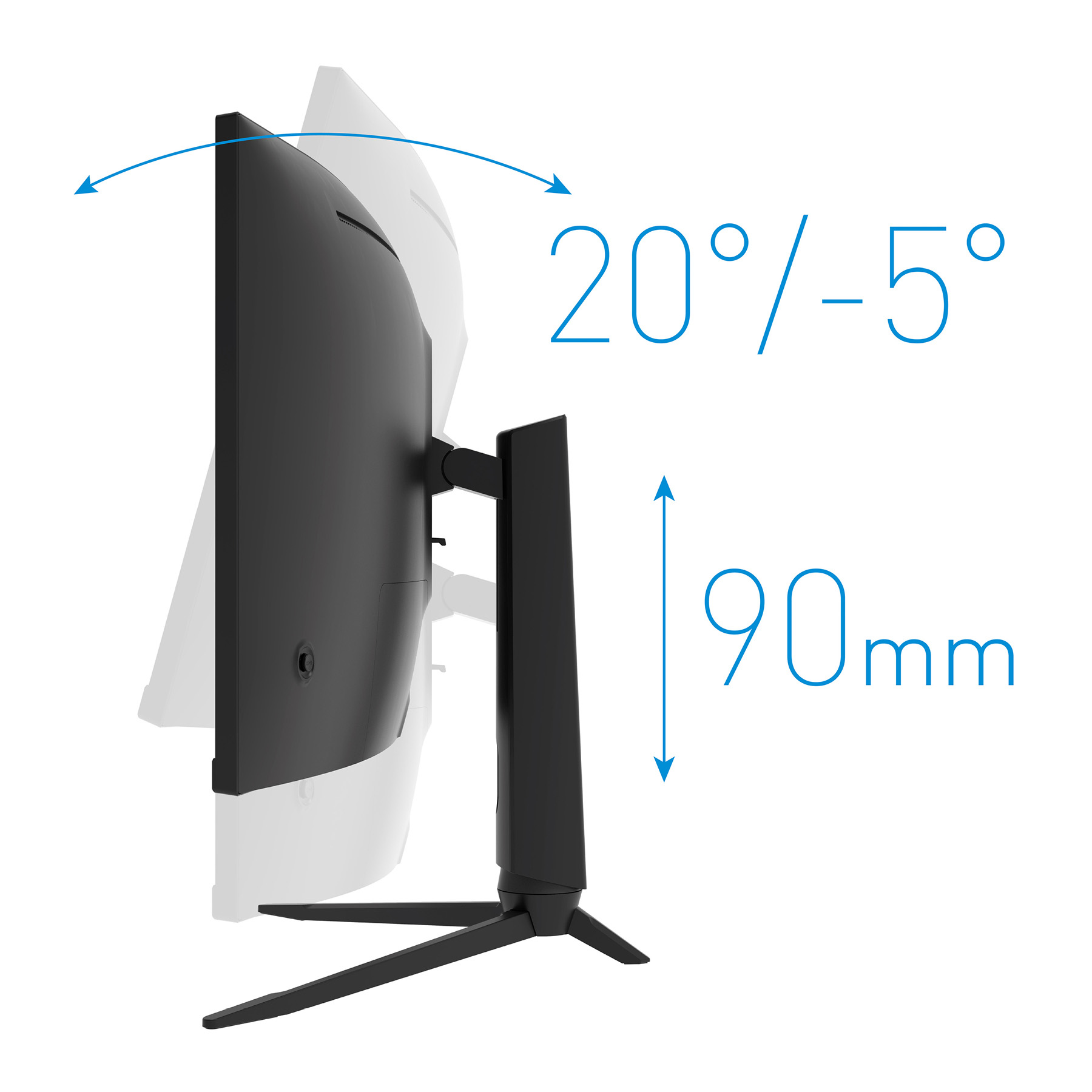Seitenansicht eines gebogenen Monitors mit Anpassungen: 20°/-5° Neigung, 90 mm Höhe.