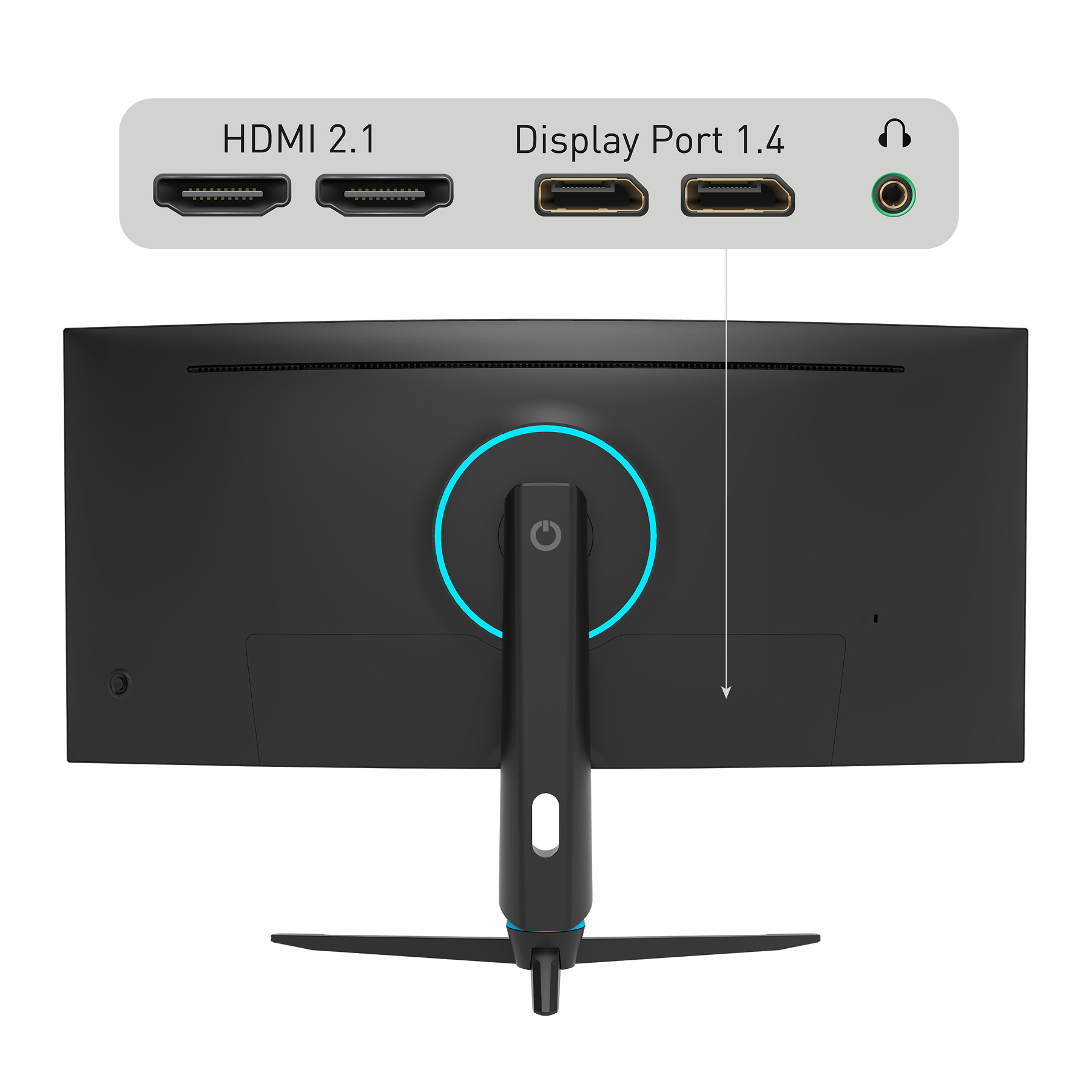 Rückseite eines schwarzen Monitors mit Anschlüssen: HDMI 2.1, Display Port 1.4 und Kopfhöreranschluss. Ein-/Aus-Taste.