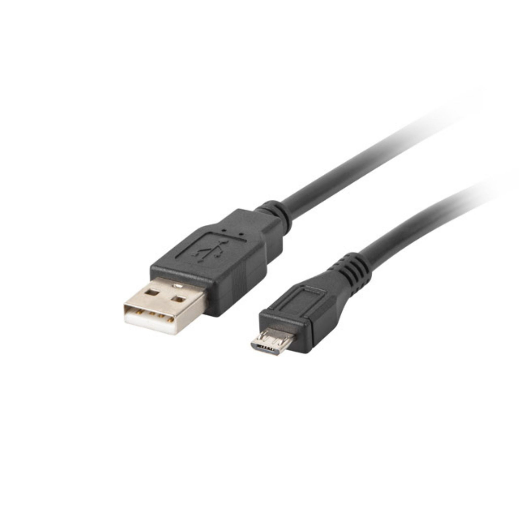 Cavo da USB a Micro USB nero su sfondo bianco. Un'estremità è USB, l'altra Micro USB.