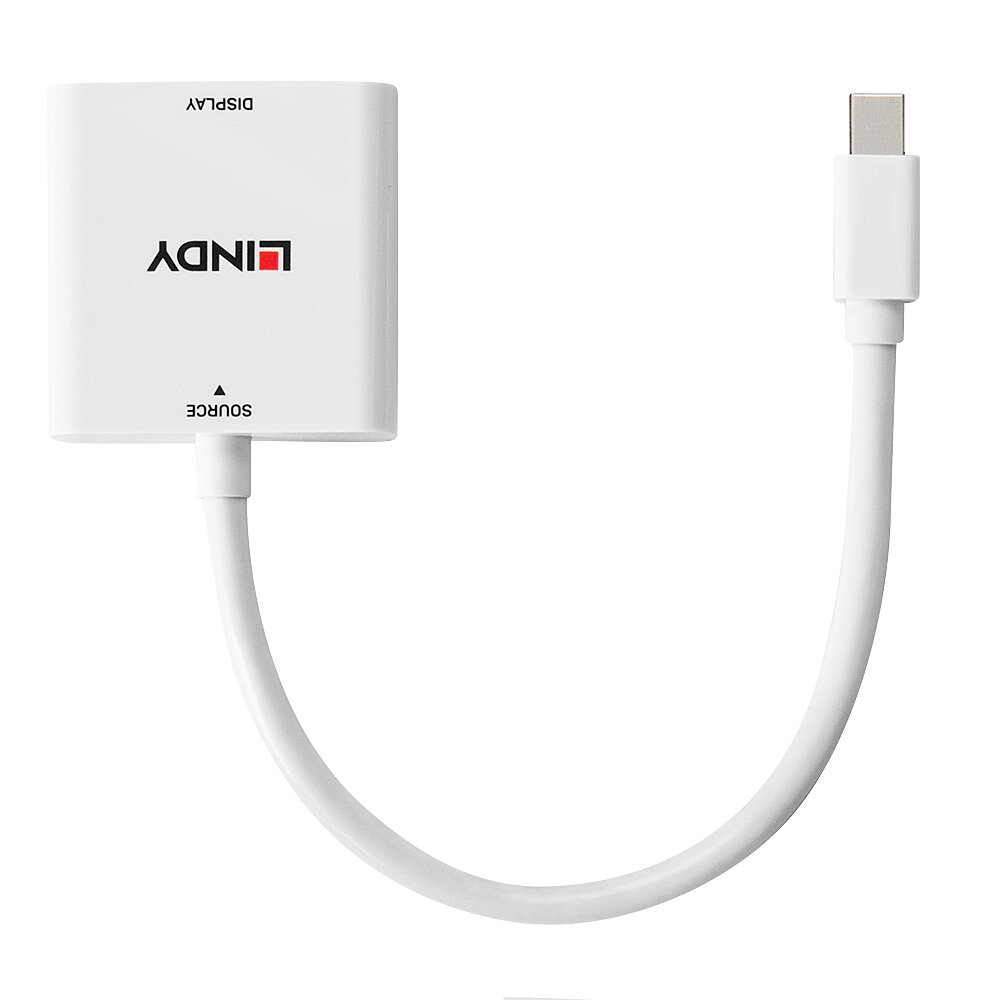 Adaptador Lindy blanco con un USB-C y un conector de pantalla. La palabra Display está escrita en el adaptador.