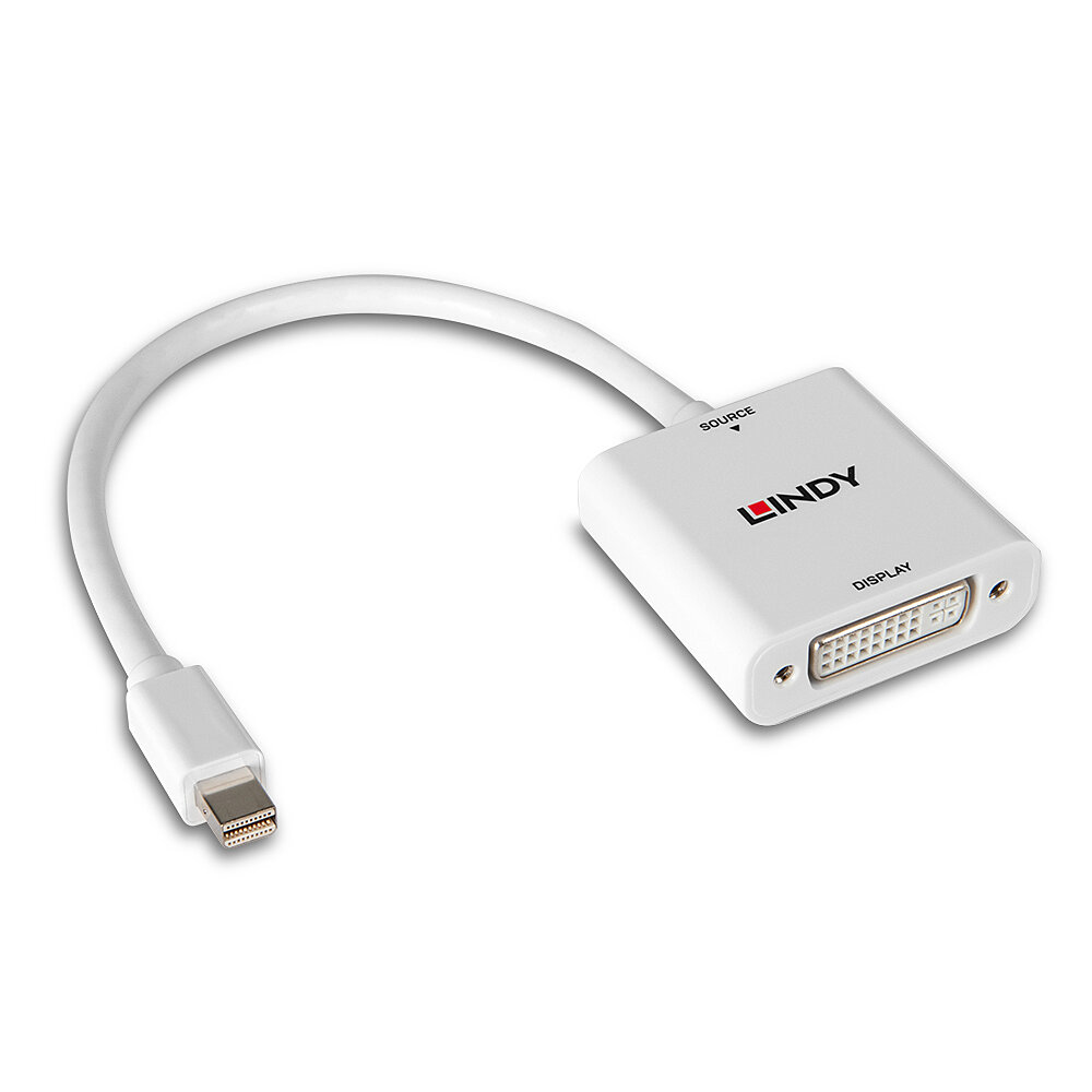 Un adaptador LINDY blanco, con un conector mini DisplayPort a DVI.