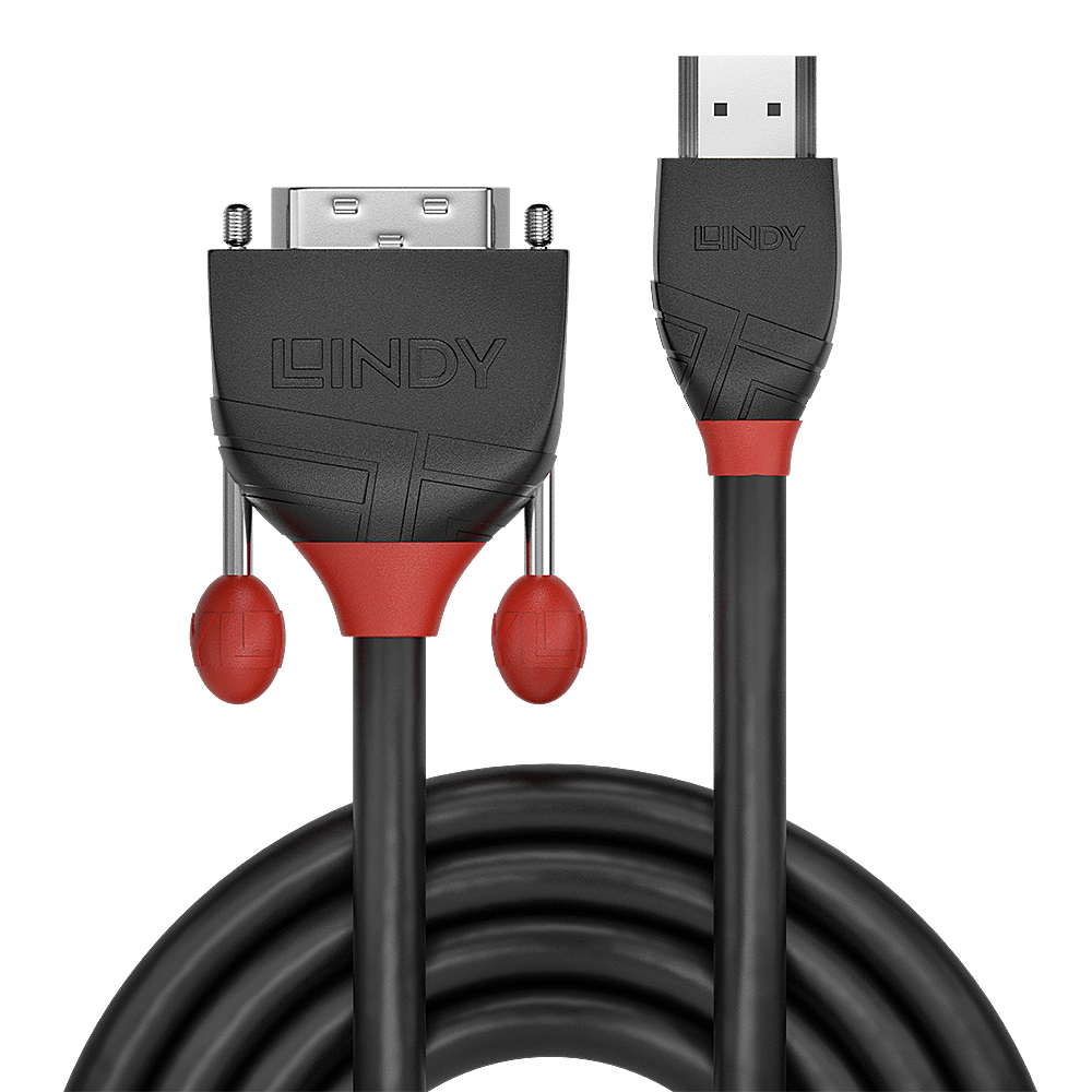 Ein schwarzes HDMI-Kabel mit roten Details. Das Kabel befindet sich auf weißem Hintergrund.